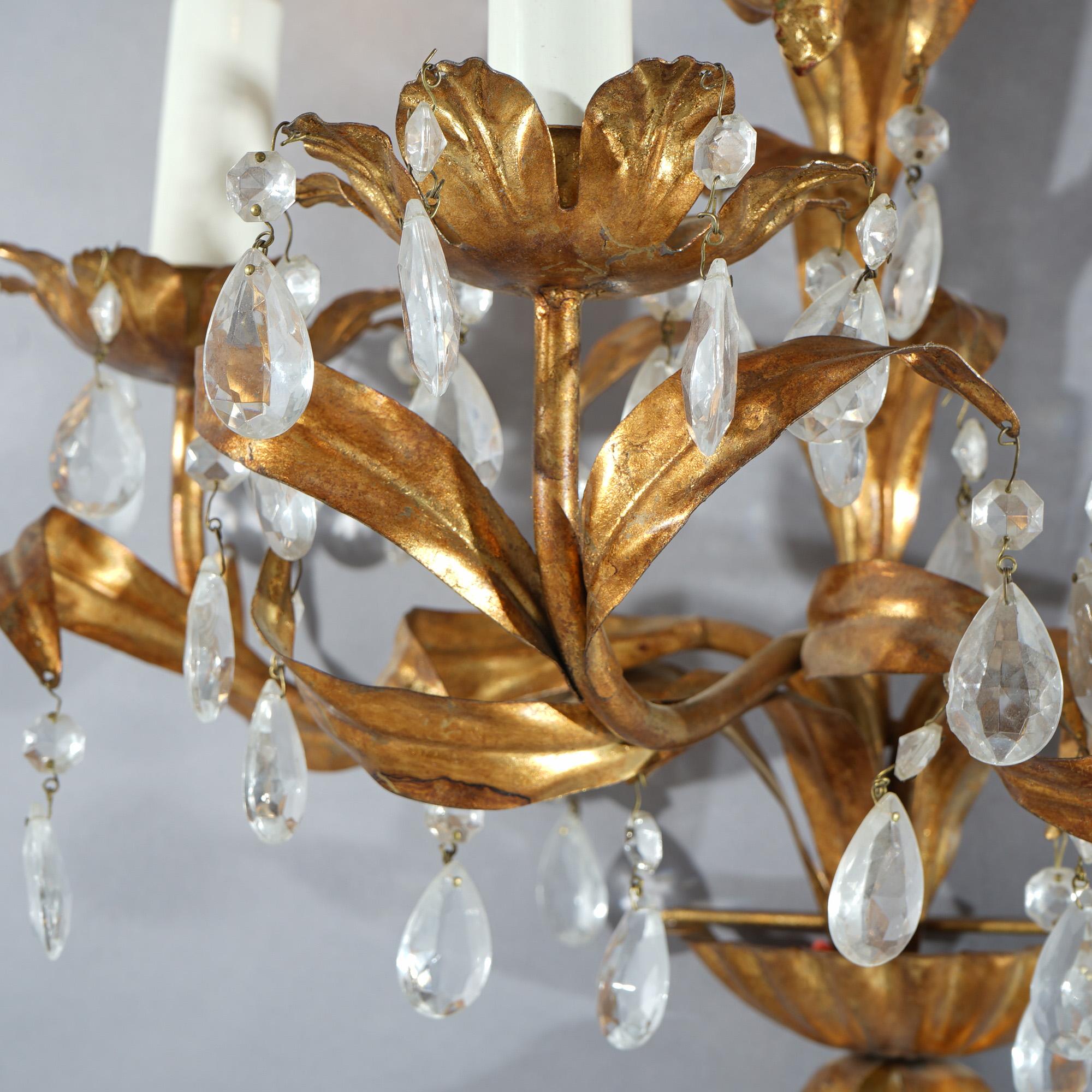Antique Italian Rococo Figural Gold Gilt Metal Cherub Crystal Wall Sconce C1930 2