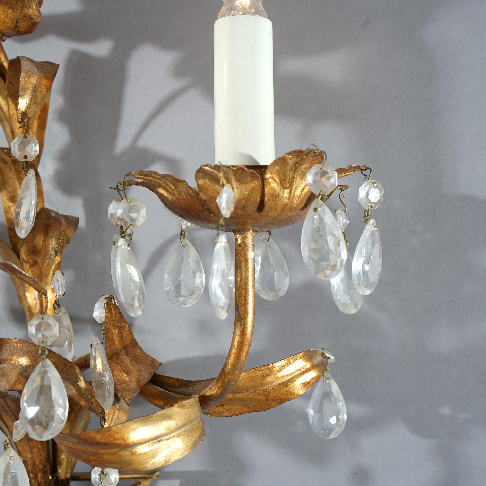 Antique Italian Rococo Figural Gold Gilt Metal Cherub Crystal Wall Sconce C1930 3