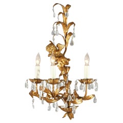 Antique Italian Rococo Figural Gold Gilt Metal Cherub Crystal Wall Sconce C1930