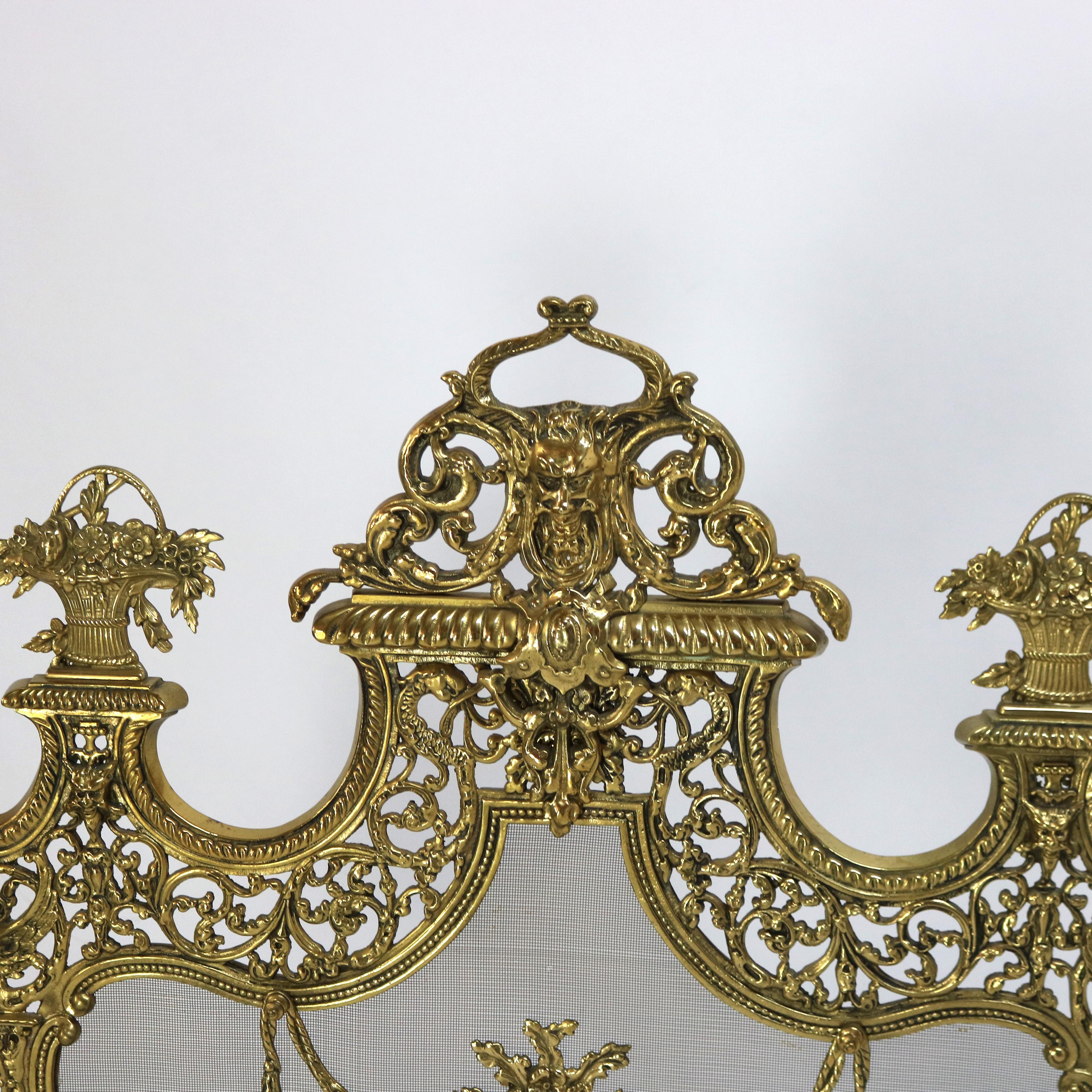 Antigua pantalla de chimenea rococó italiana de bronce dorado Panier de Fleurs C1900 5