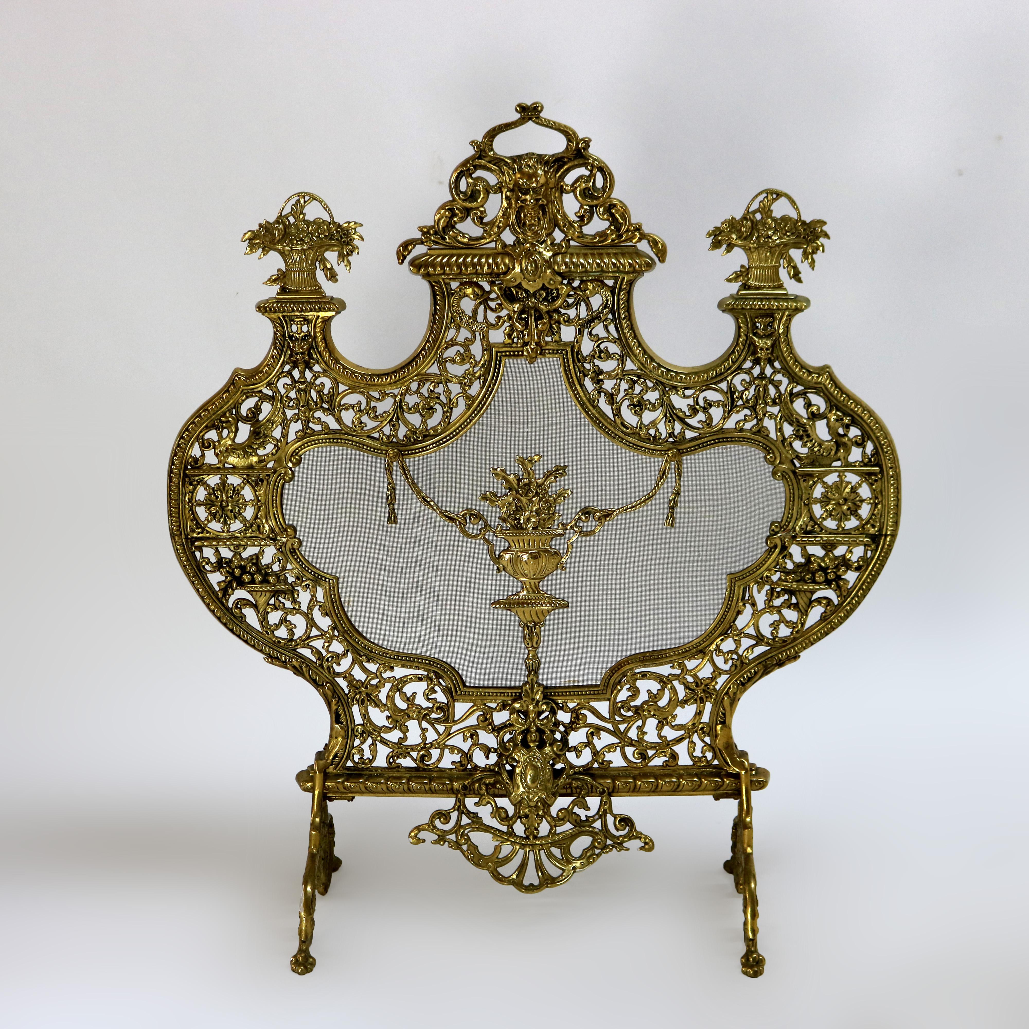 Antigua pantalla de chimenea rococó italiana de bronce dorado Panier de Fleurs C1900 Dorado