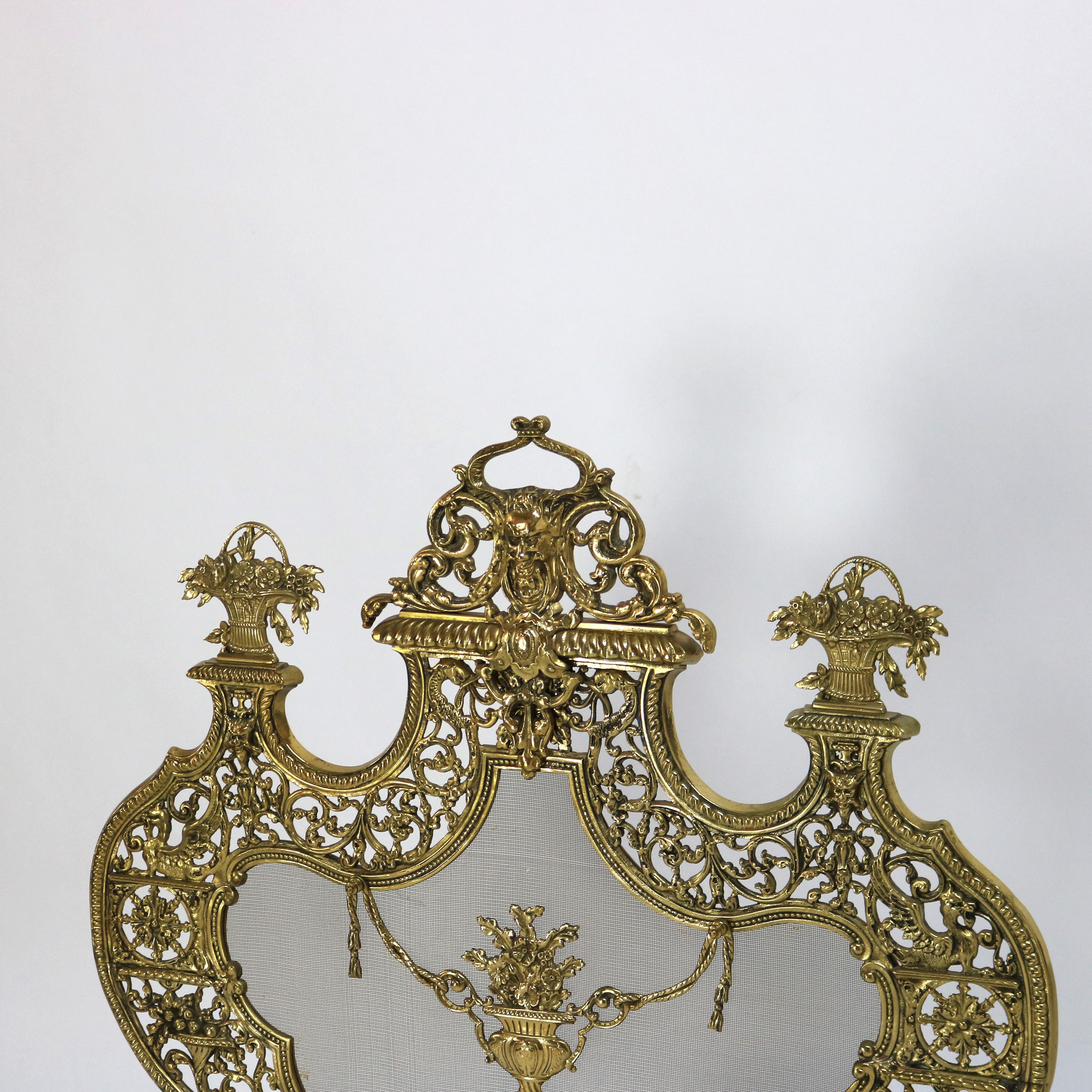 Antigua pantalla de chimenea rococó italiana de bronce dorado Panier de Fleurs C1900 3