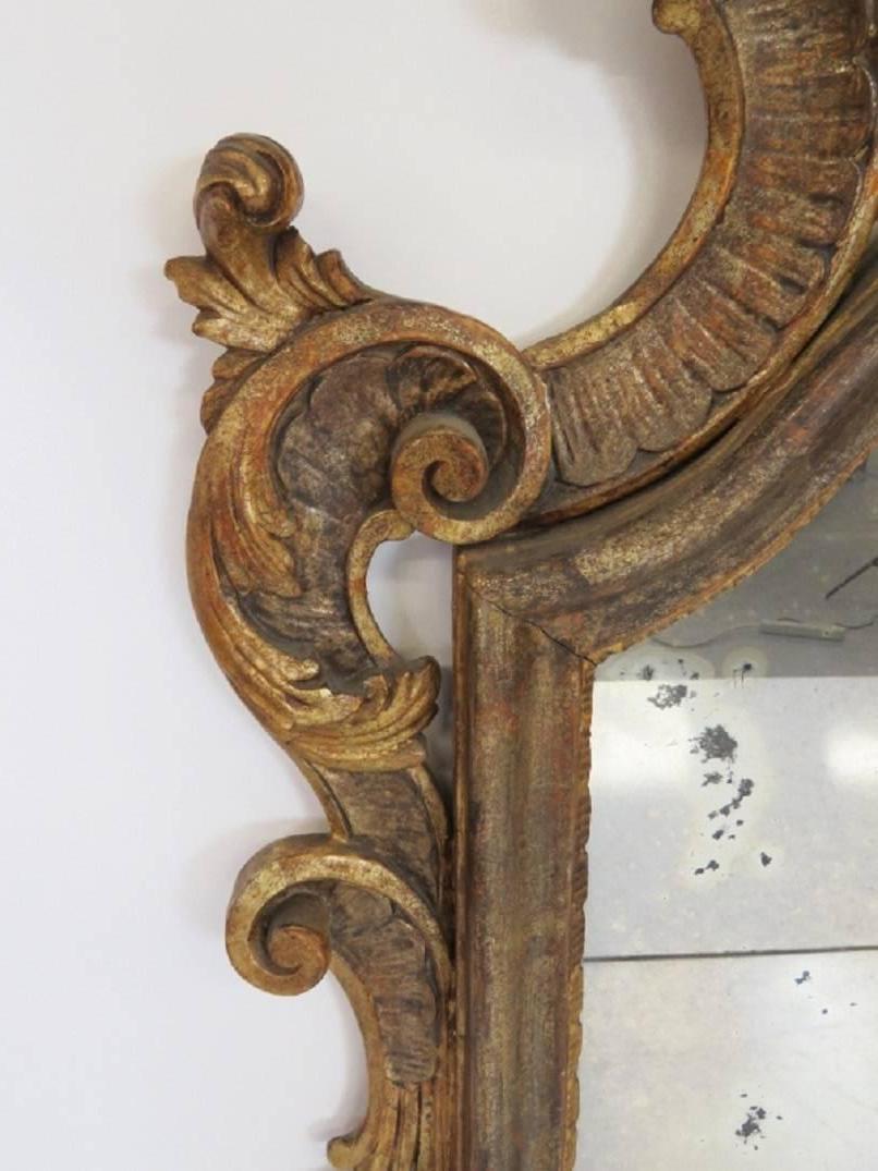 20th Century Antique Italian Rococo Gilt Carved Wood Distressed Glass Mirror