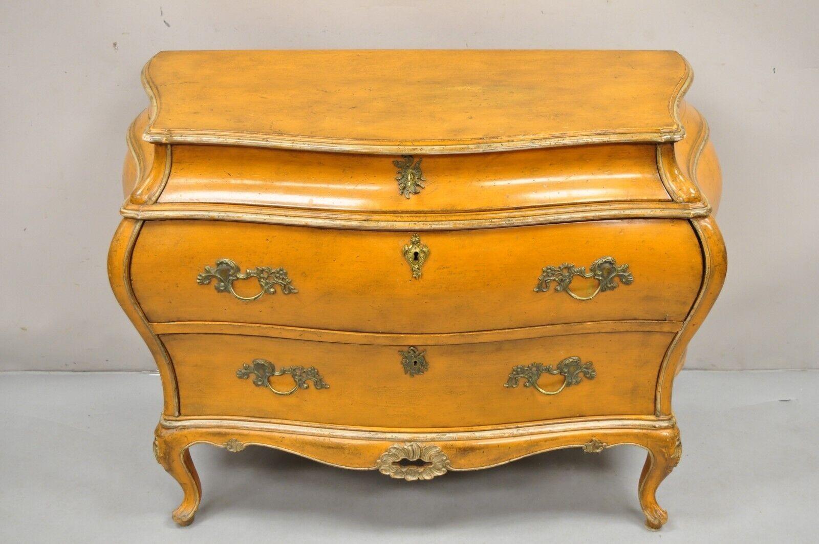 Antique Italian Rococo Orange Painted Bombe Commode Chest of Drawers For Sale 10