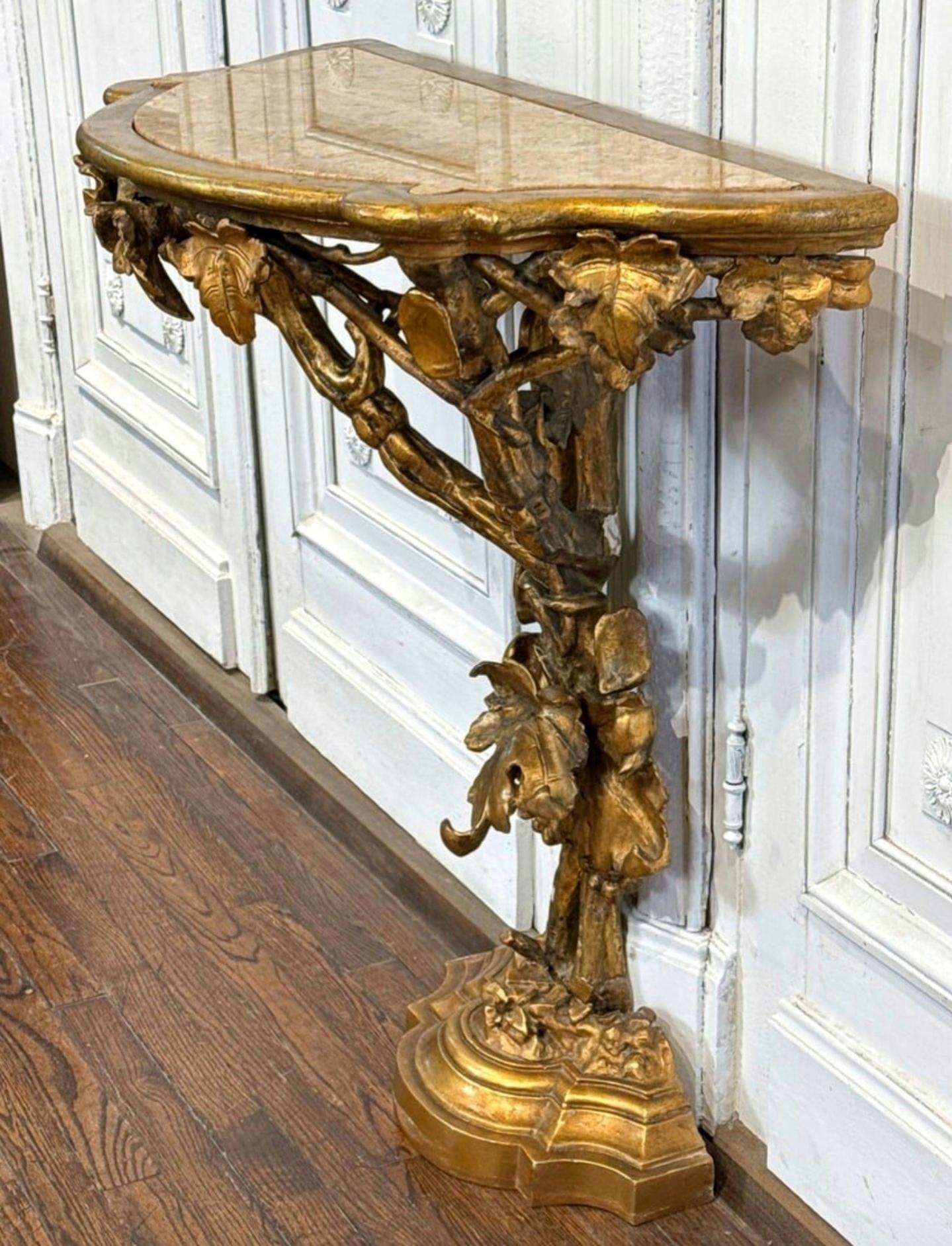 Antique Italian Rococo Revival Carved Giltwood Sculptural Console Table  For Sale 4