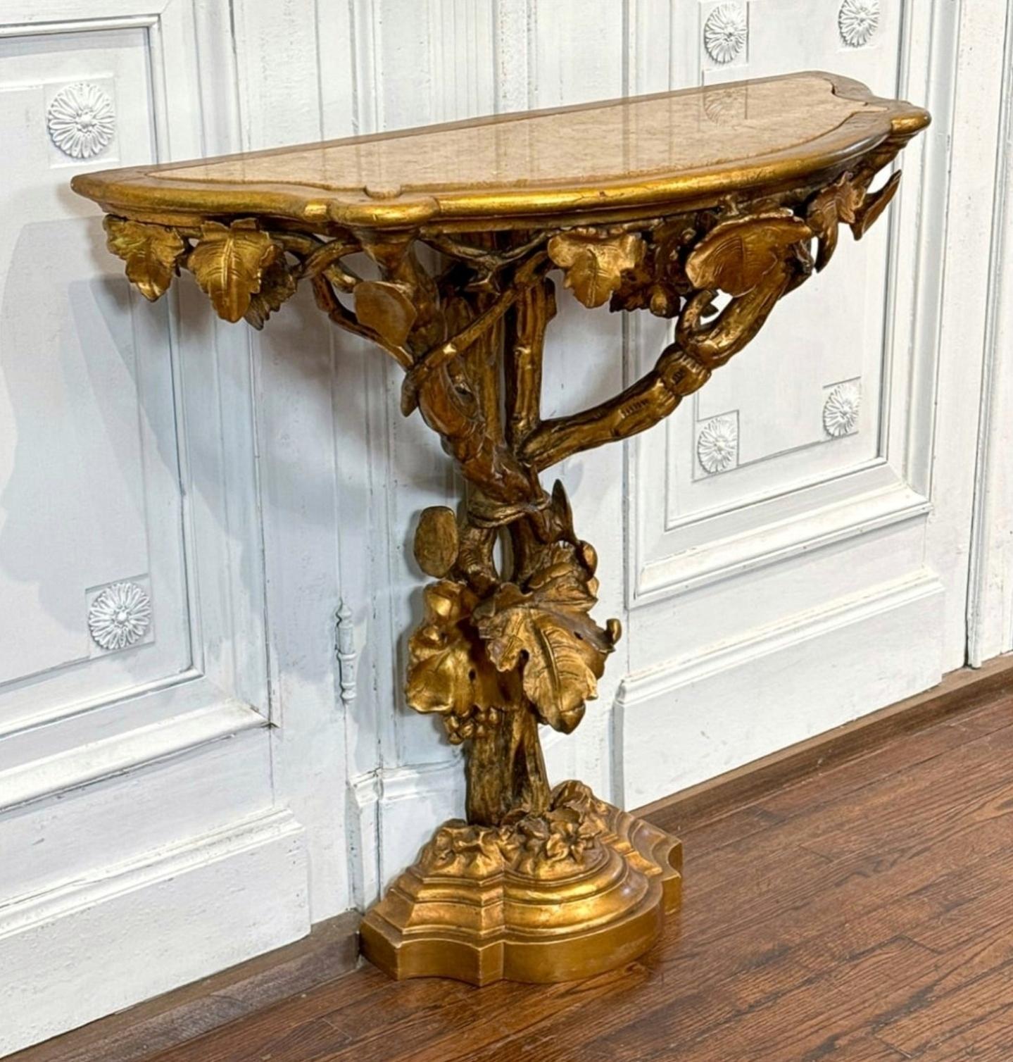 Hand-Carved Antique Italian Rococo Revival Carved Giltwood Sculptural Console Table  For Sale