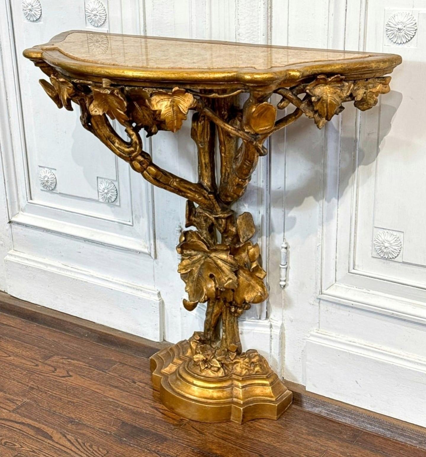 Antique Italian Rococo Revival Carved Giltwood Sculptural Console Table  In Good Condition For Sale In Forney, TX