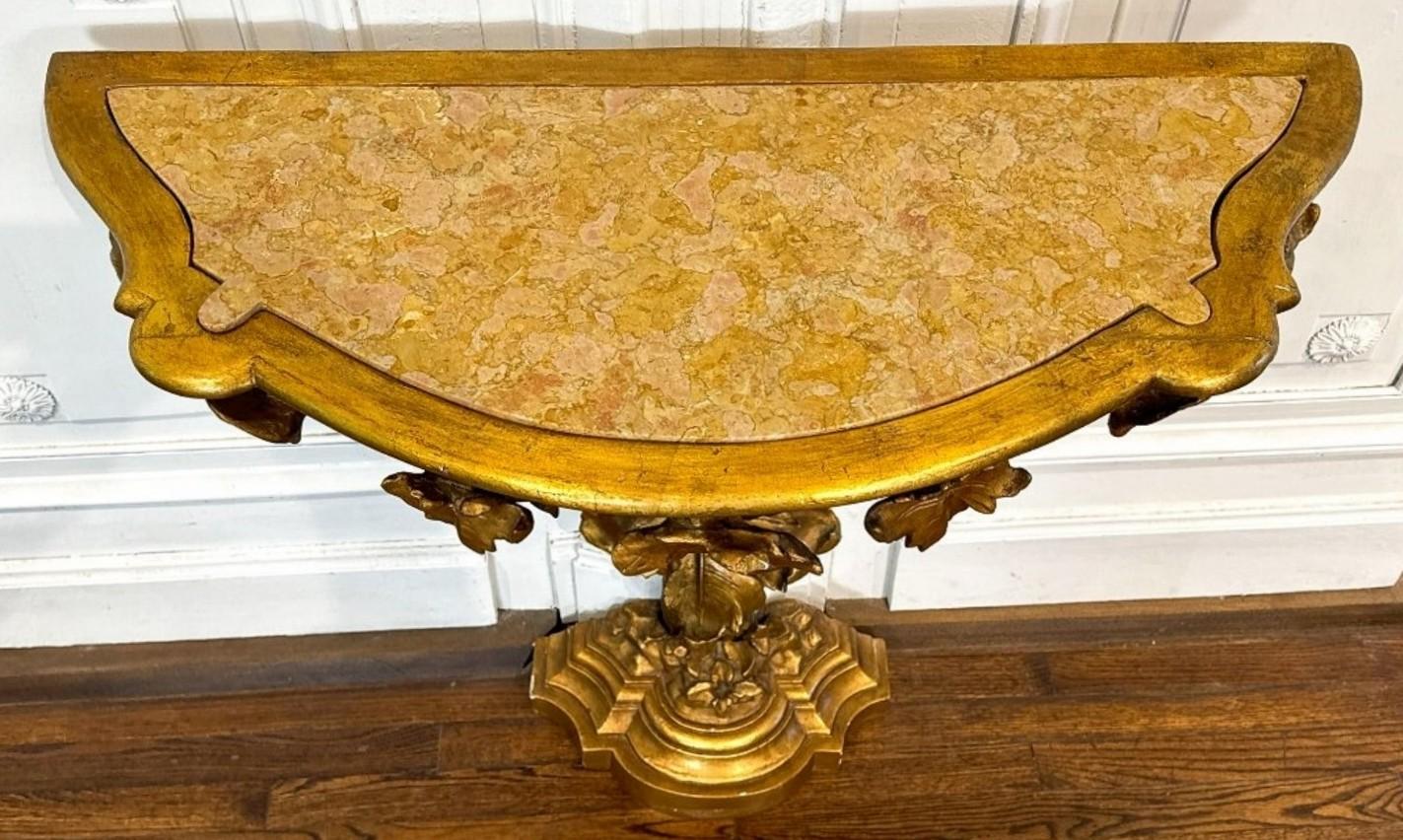 Marble Antique Italian Rococo Revival Carved Giltwood Sculptural Console Table  For Sale