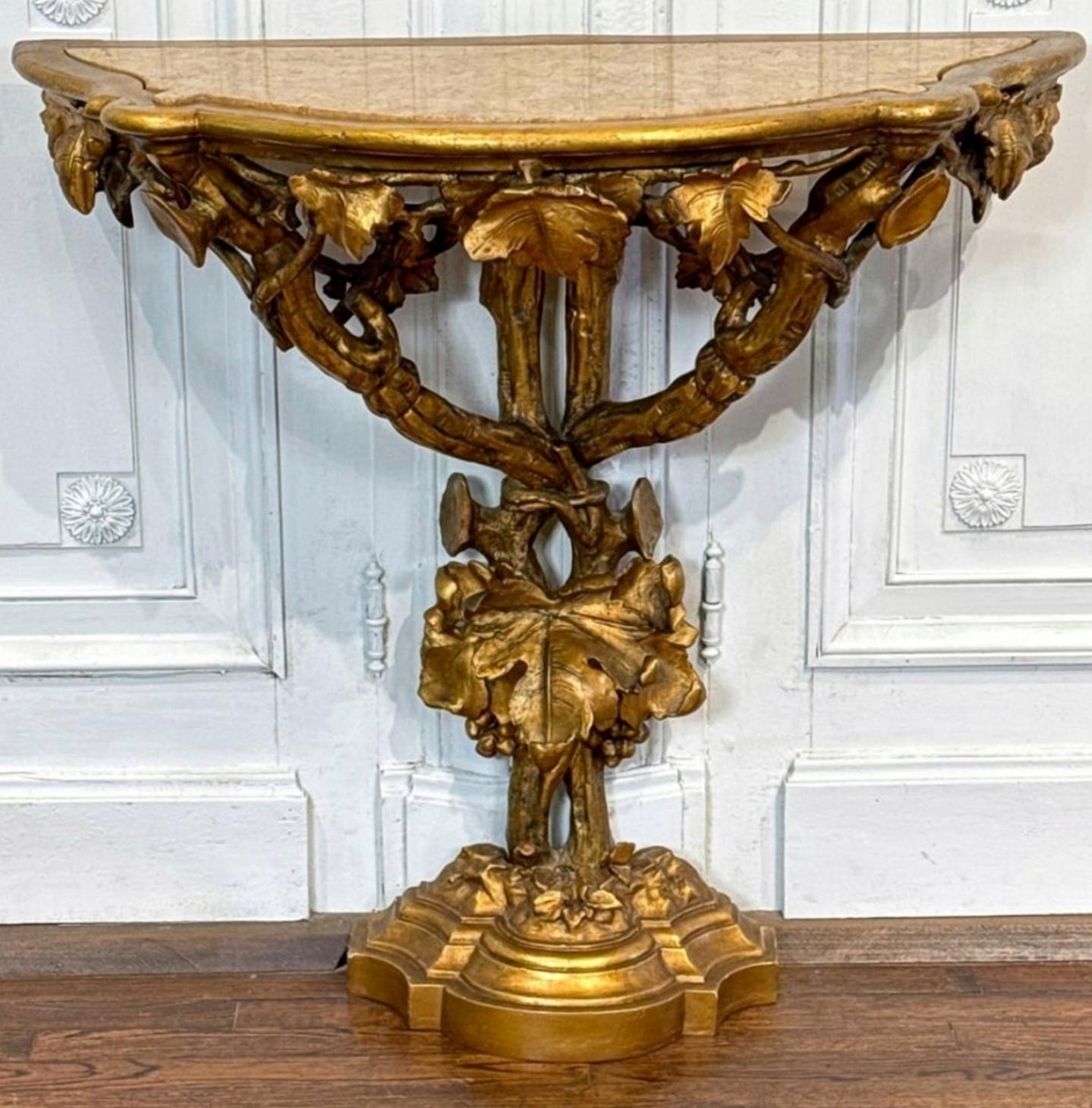 Antique Italian Rococo Revival Carved Giltwood Sculptural Console Table  For Sale 3
