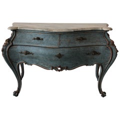 Antique Italian Rococo Style Blue Painted Sideboard Faux Marble Top 19th Century