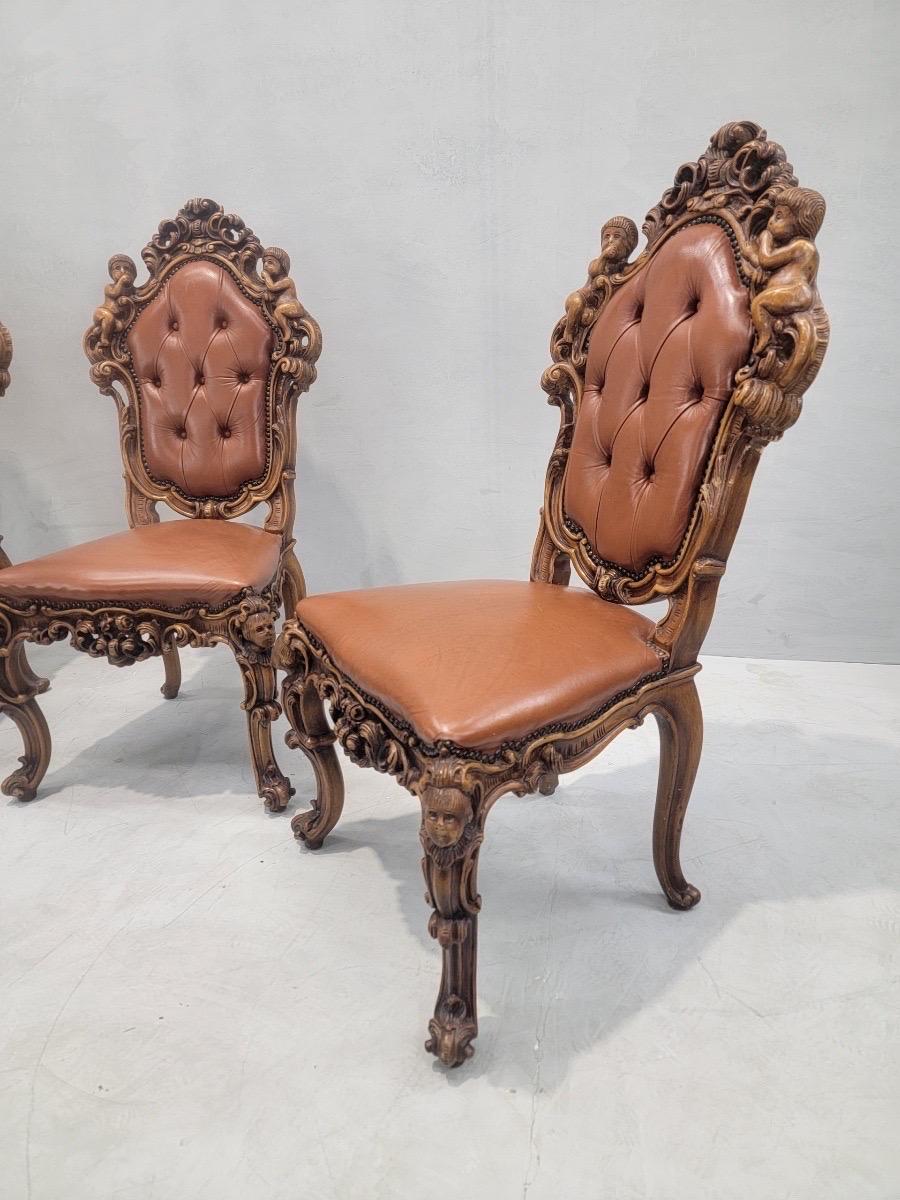 Antique Italian Rococo Style Carved Dining Chairs in Original Leather -Set of 4 In Good Condition For Sale In Chicago, IL