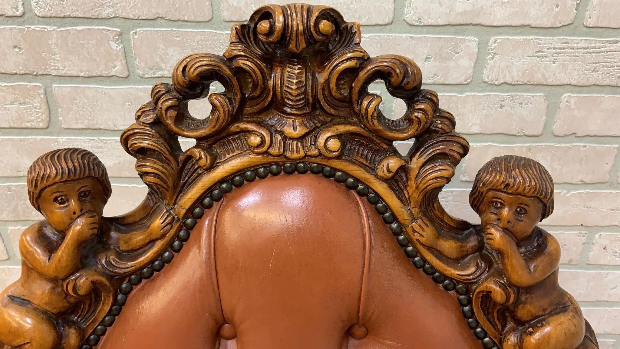 Antique Italian Rococo Style Carved Dining Chairs in Original Leather -Set of 4 For Sale 3