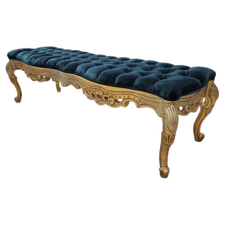 Antique Italian Rococo Style Carved Giltwood Tufted Bench In Velvet