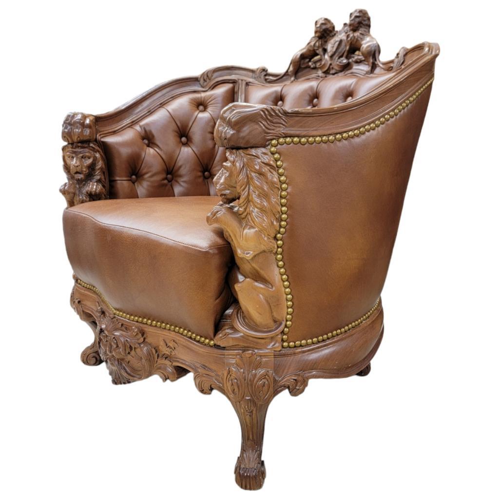 Antique Italian Rococo Style Figural Lion Tufted Italian Leather Parlor Set For Sale 8