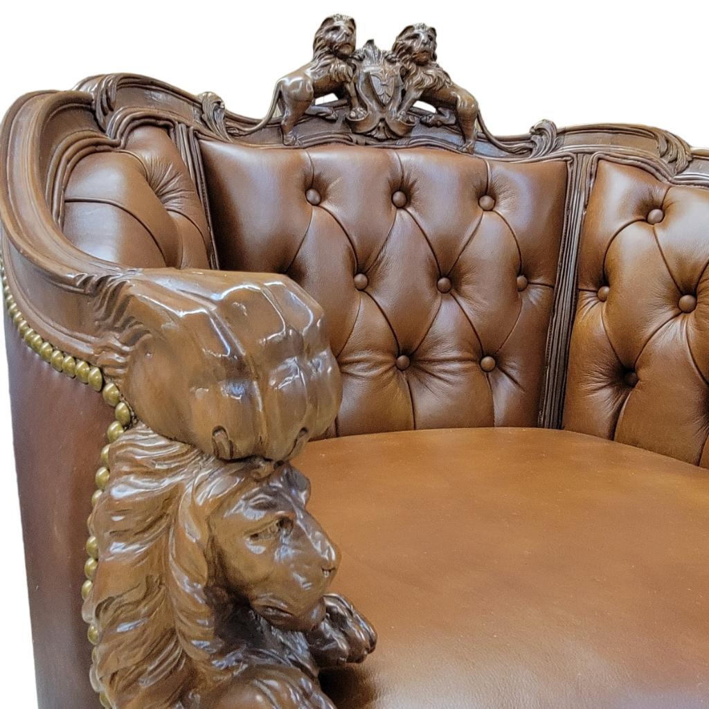 Antique Italian Rococo Style Figural Lion Tufted Italian Leather Parlor Set For Sale 10