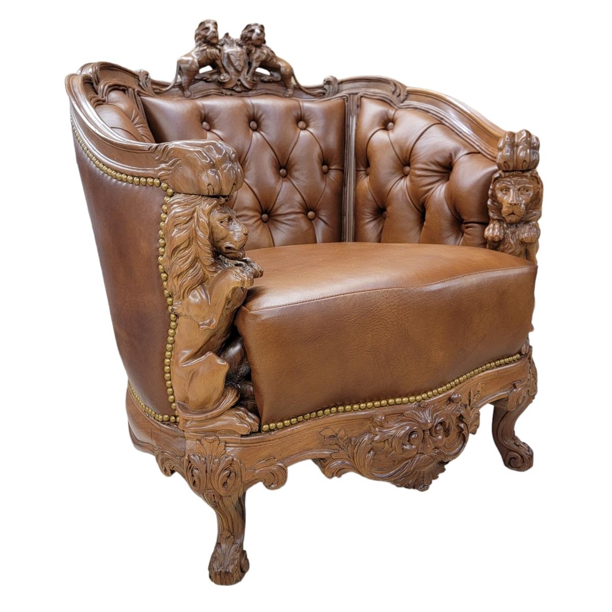 Antique Italian Rococo Style Figural Lion Tufted Italian Leather Parlor Set For Sale 11