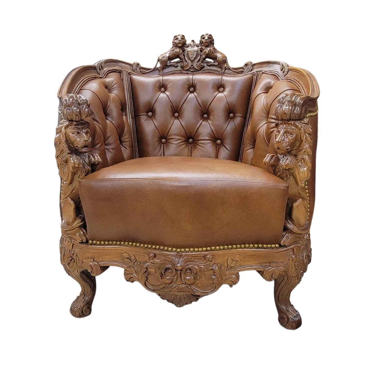 Antique Italian Rococo Style Figural Lion Tufted Italian Leather Parlor Set For Sale 12