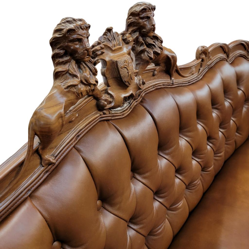Antique Italian Rococo Styled Hand-Carved Finely Detailed Figural Lion Motif Newly Upholstered Cognac Tufted Italian Leather 2pc Parlor Set.

Absolutely Exquisite Antique Italian Rococo Styled , Hand-Carved Finely Detailed Figural Lion Motiff with