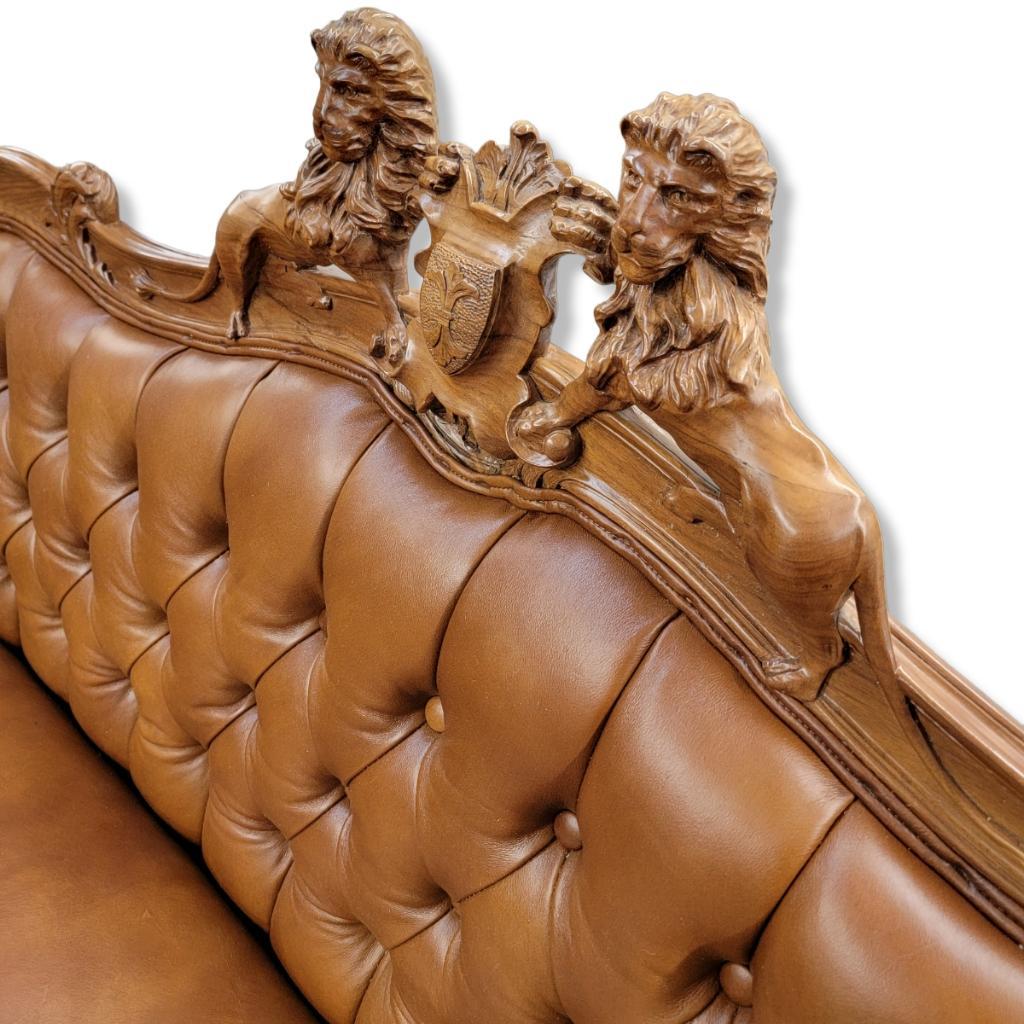 19th Century Antique Italian Rococo Style Figural Lion Tufted Italian Leather Parlor Set For Sale