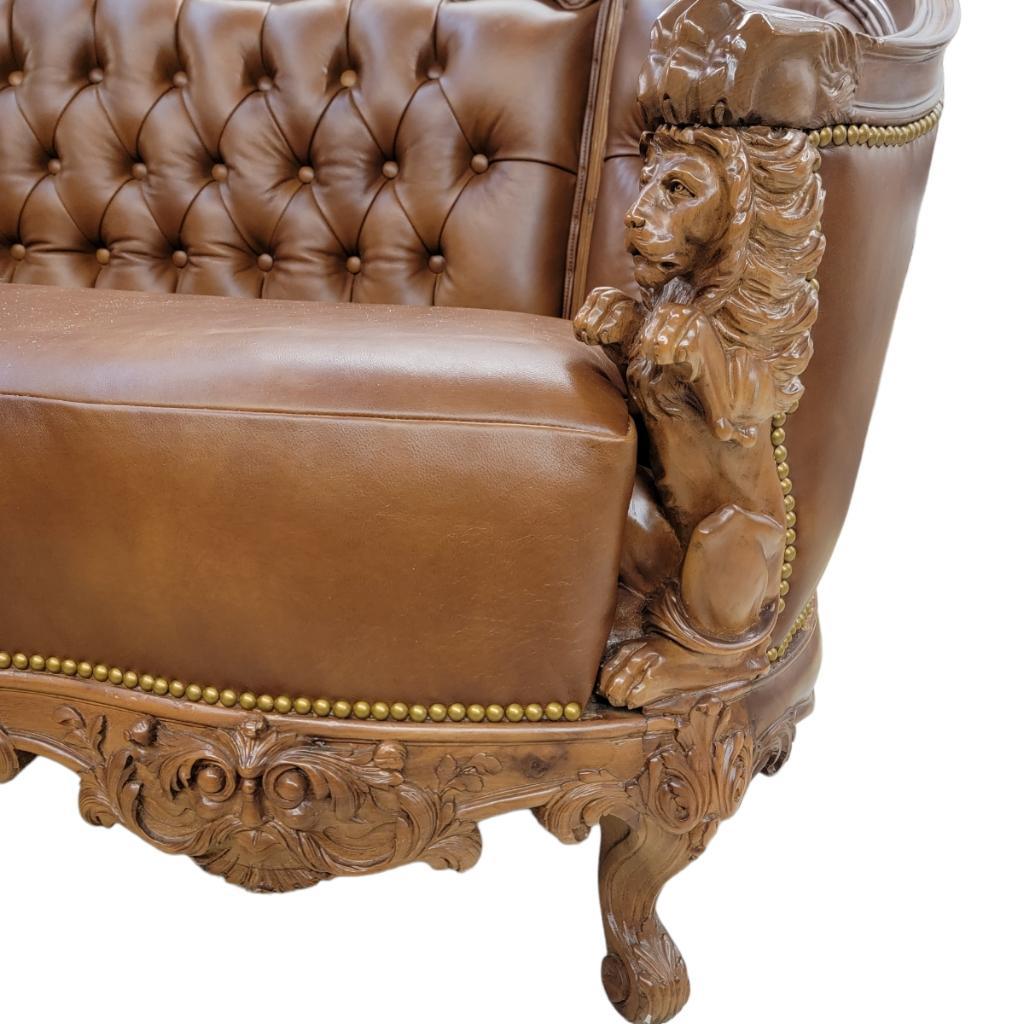 Antique Italian Rococo Style Figural Lion Tufted Italian Leather Parlor Set For Sale 3