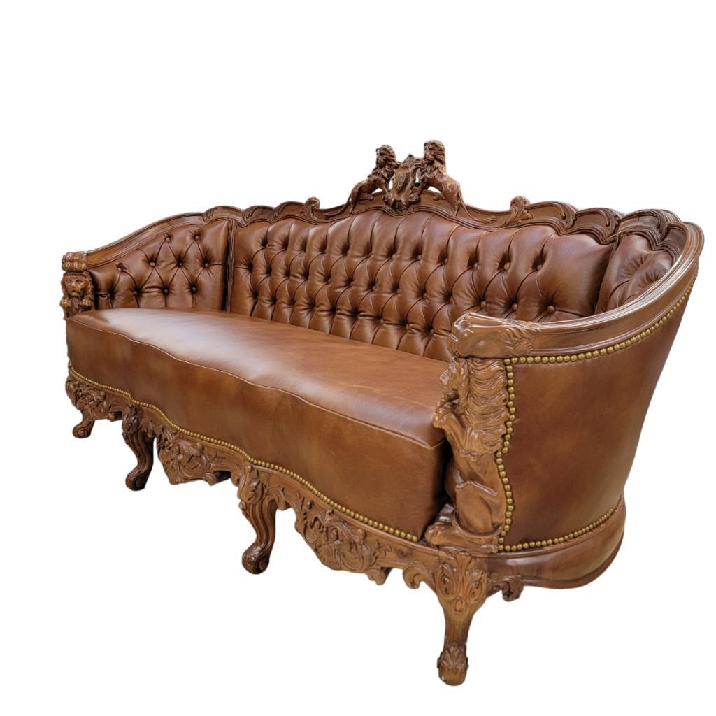 Antique Italian Rococo Style Figural Lion Tufted Italian Leather Parlor Set For Sale 4