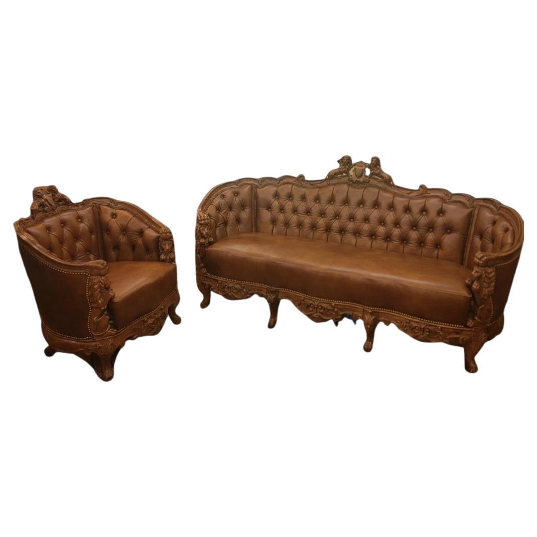 Antique Italian Rococo Style Figural Lion Tufted Italian Leather Parlor Set For Sale