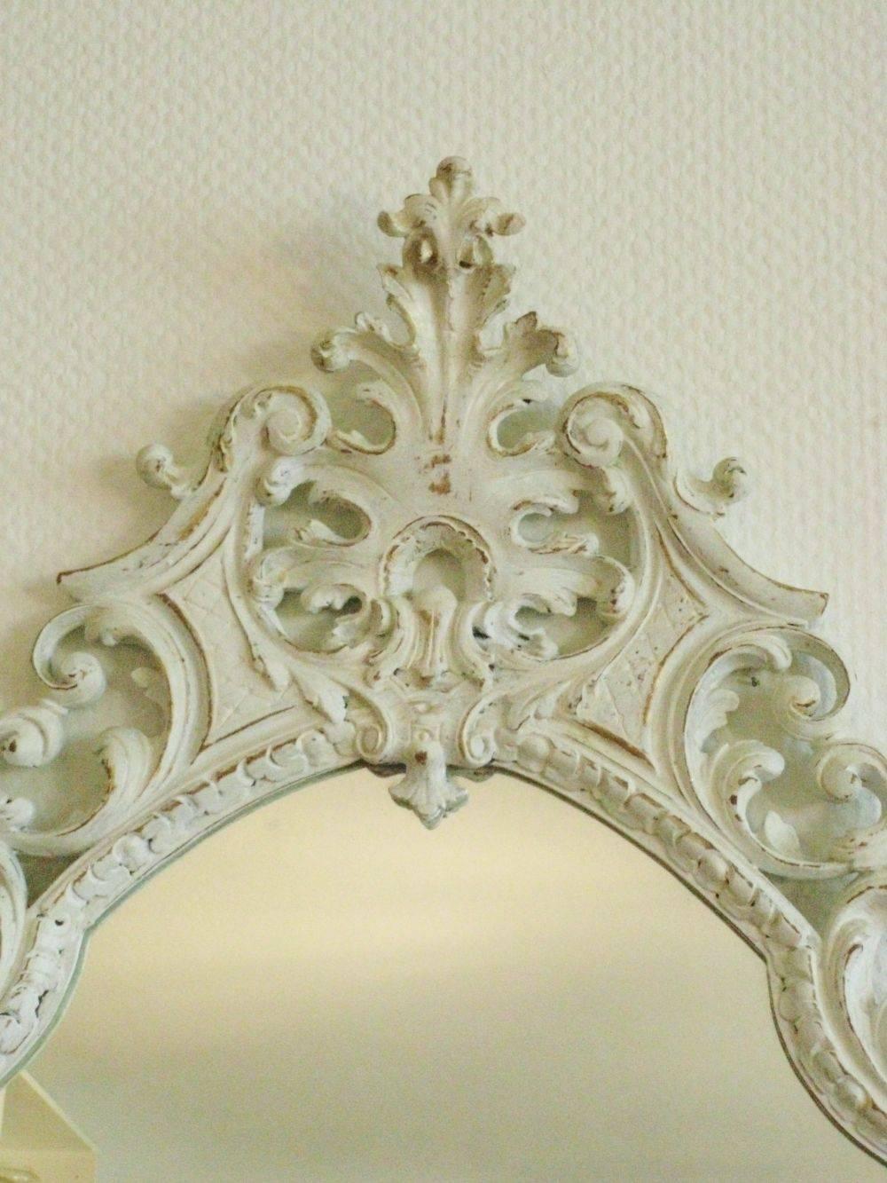 19th Century Antique Italian Rococo Style Hand-Carved Wood Gilded and White Arched Top Mirror For Sale