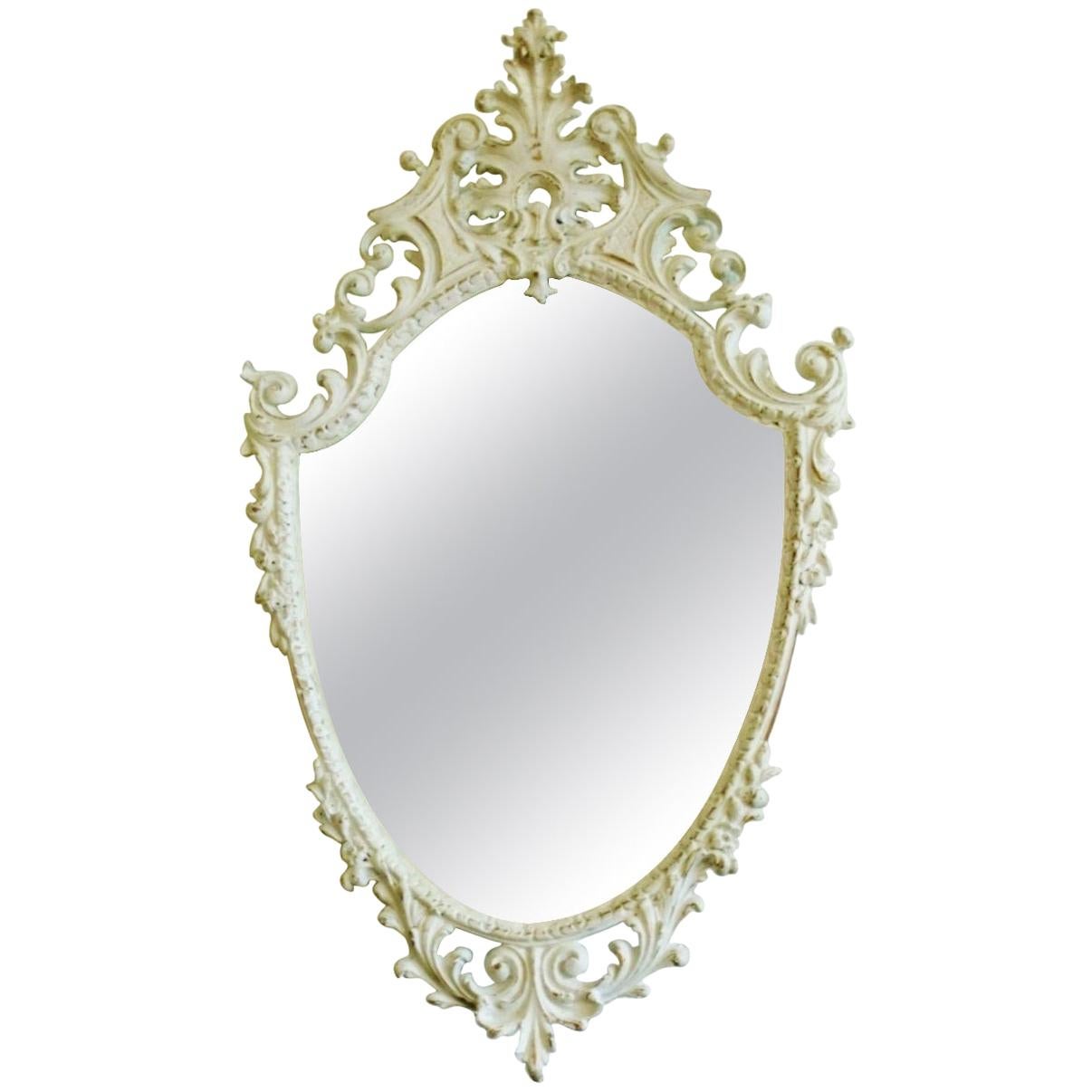Antique Italian Rococo Style Hand-Carved Wood Gilded and White Arched Top Mirror For Sale