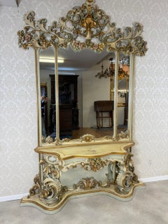 Antique Italian Rococo Style Painted Console with Mirror, 19th Century