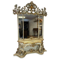Antique Italian Rococo Style Painted Console with Mirror, 19th Century