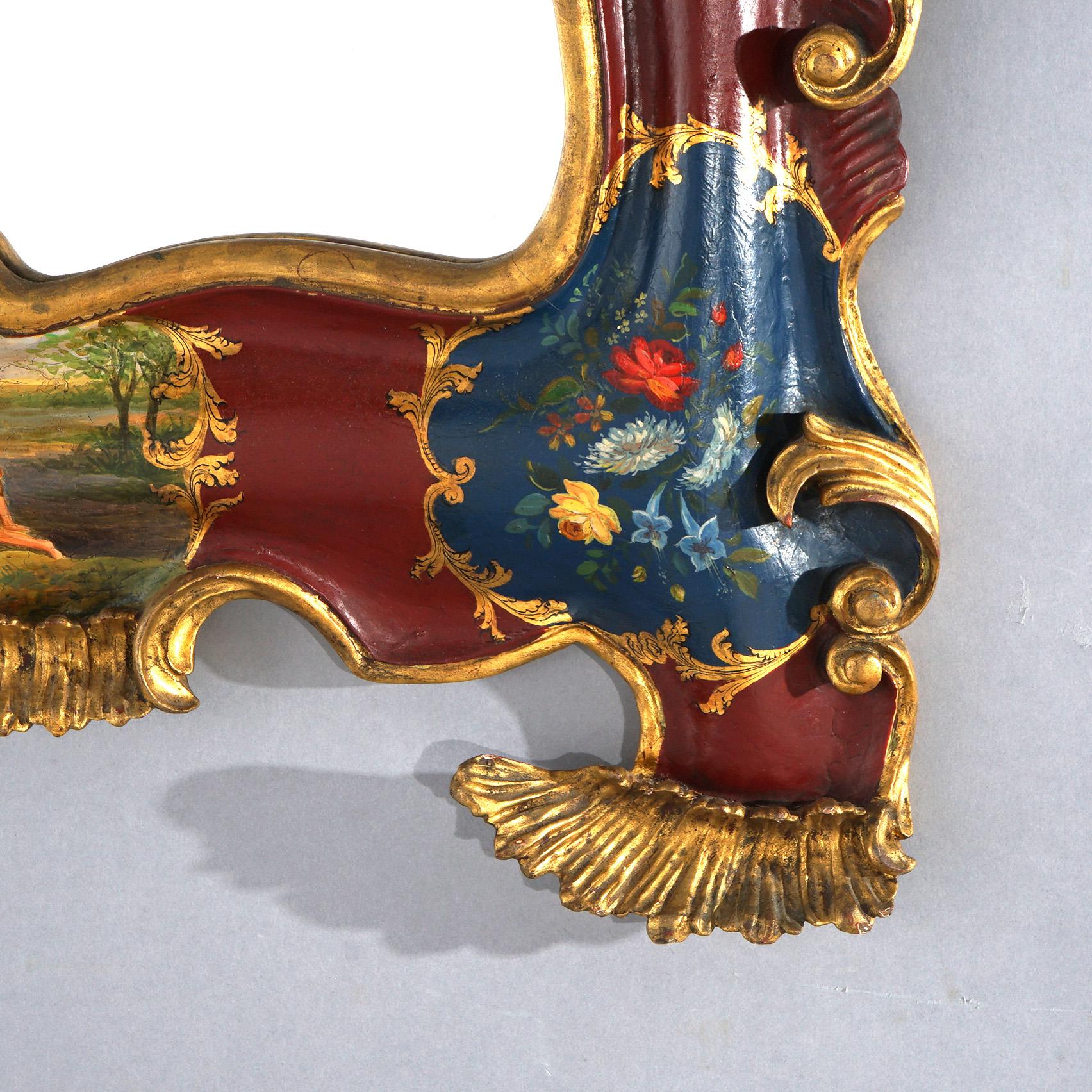 Antique Italian Rococo Style Venetian Decorated Wall Mirror with Landscape C1920 For Sale 2