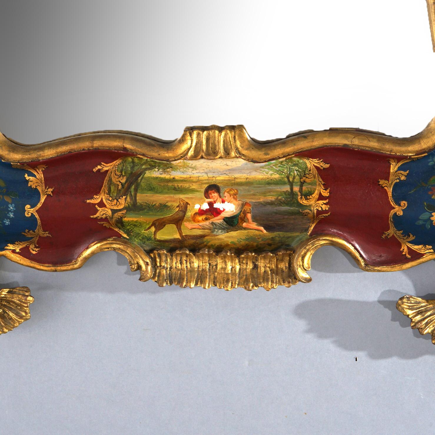 Antique Italian Rococo Style Venetian Decorated Wall Mirror with Landscape C1920 For Sale 3