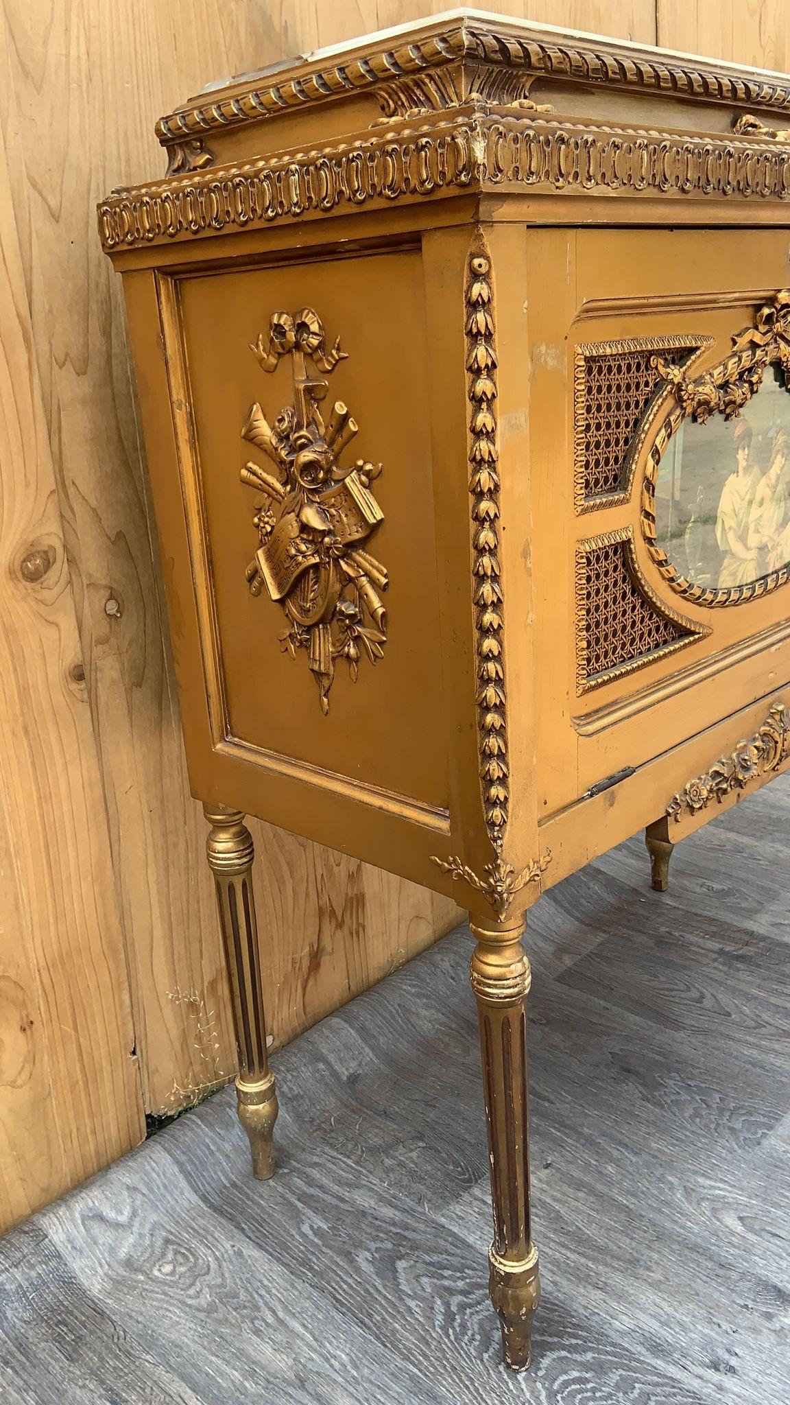 Hand-Carved Antique Italian Rococo Styled Decorative Painted Gilt and Onyx Storage Cabinet  For Sale