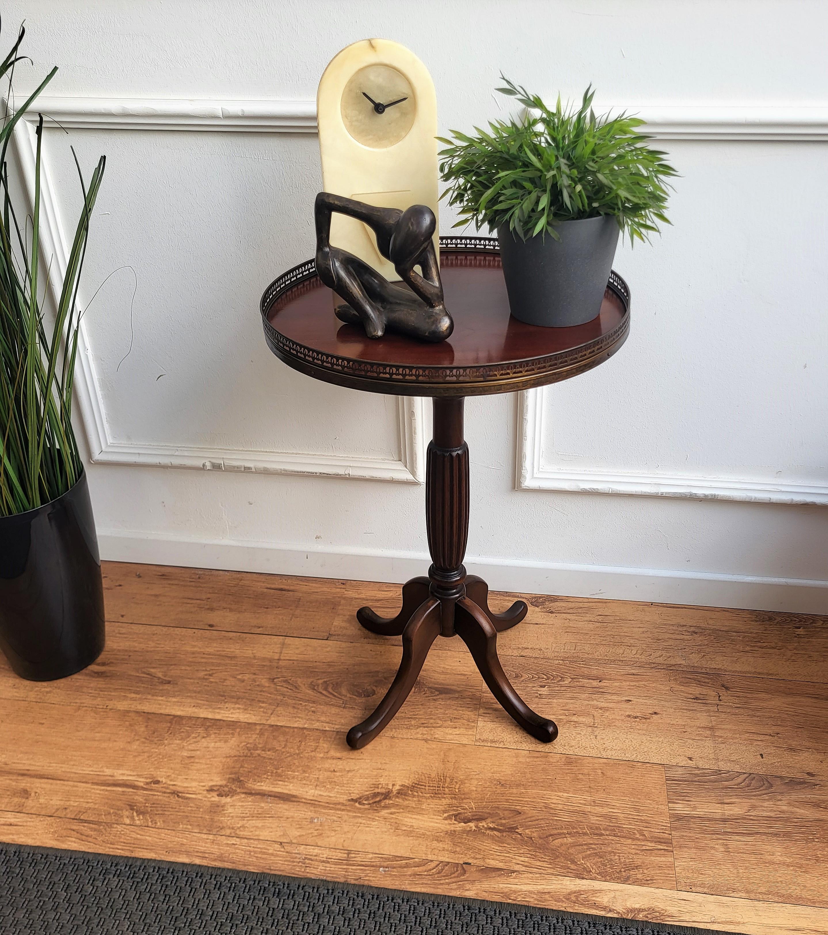 Neoclassical Antique Italian Round Walnut Side Table Brass Frame and Tripod Four Legs