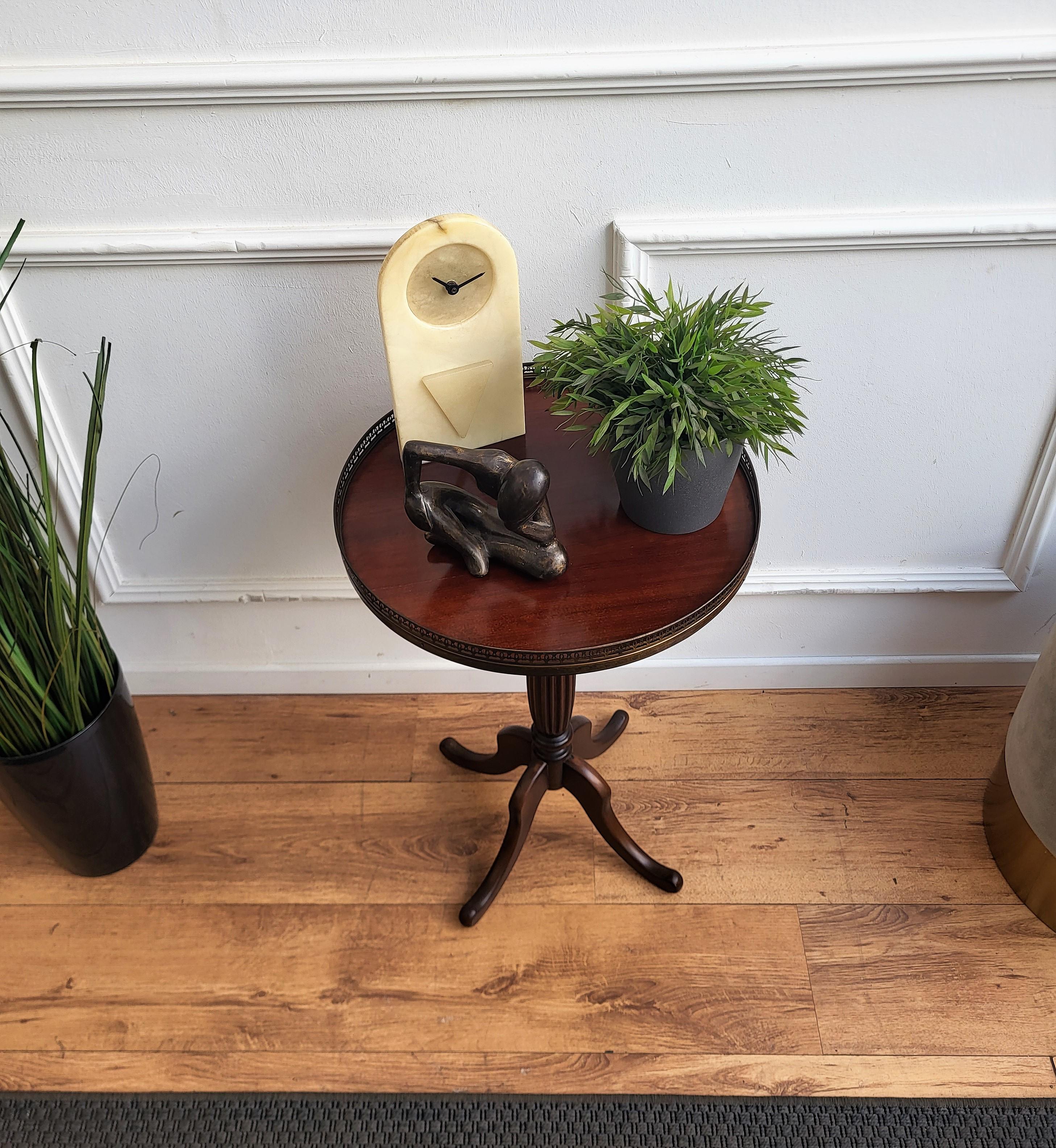 20th Century Antique Italian Round Walnut Side Table Brass Frame and Tripod Four Legs