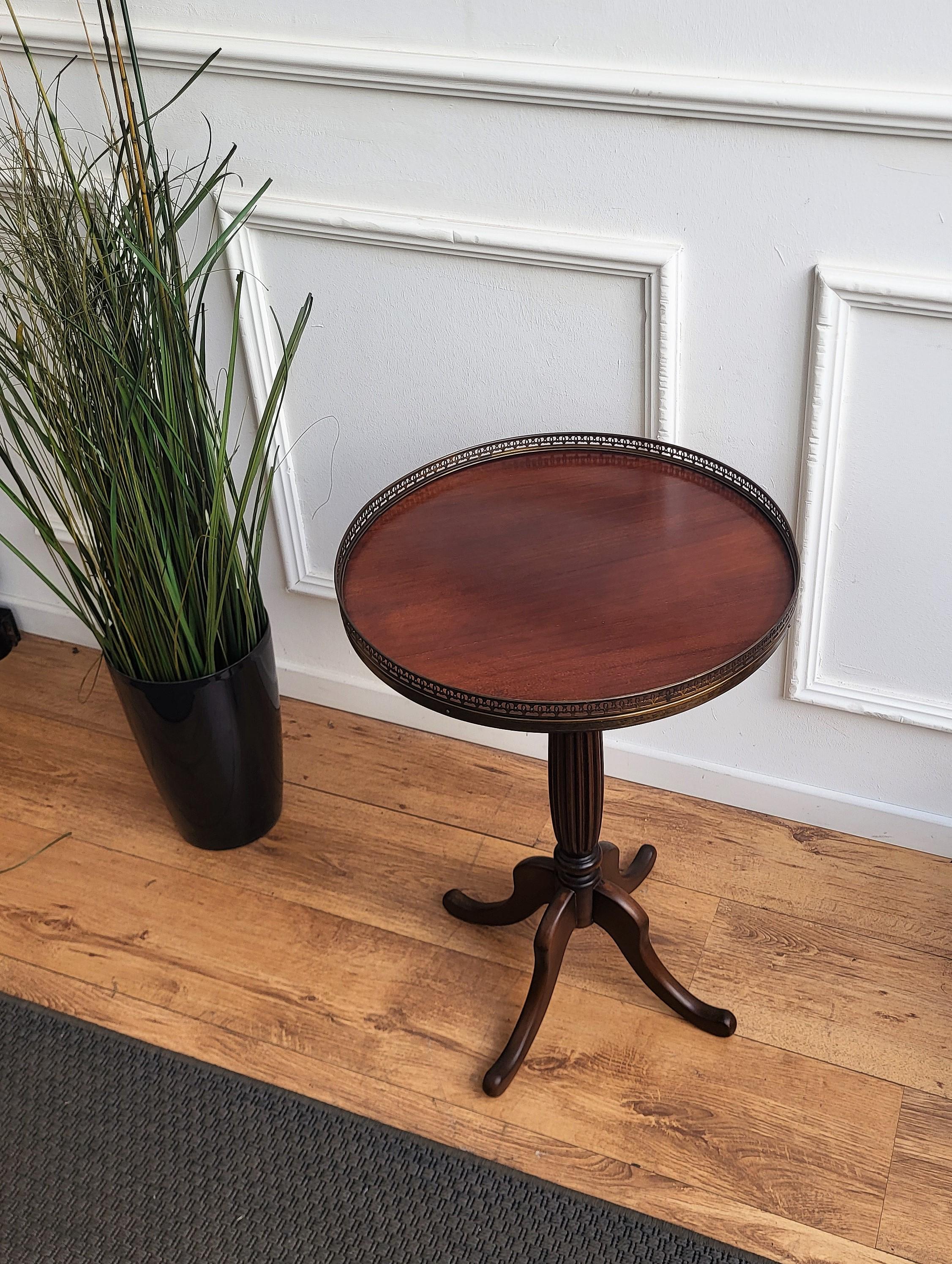 Antique Italian Round Walnut Side Table Brass Frame and Tripod Four Legs 1