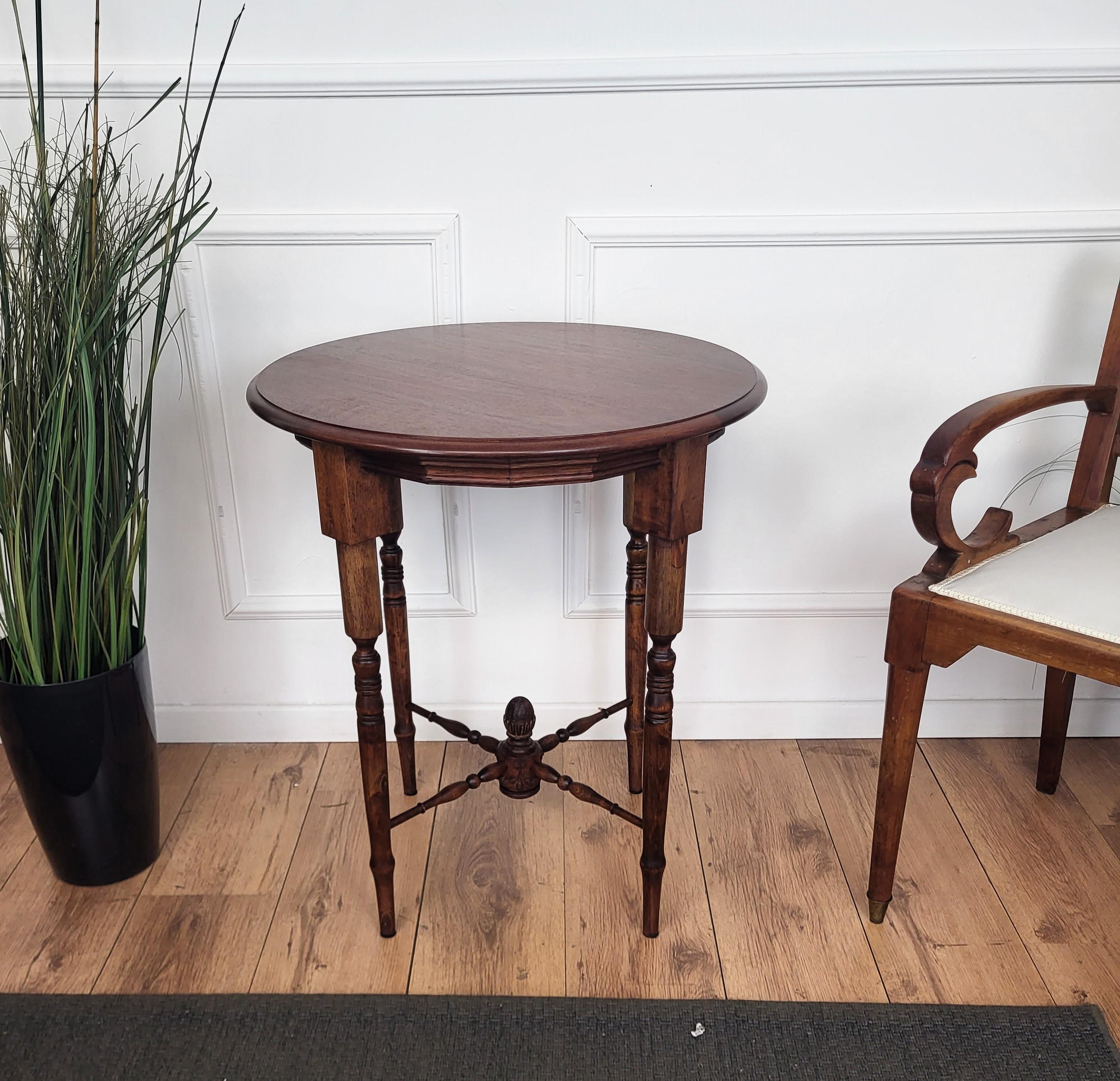 20th Century Antique Italian Round Walnut Side Table with Carved Bun Stretcher For Sale