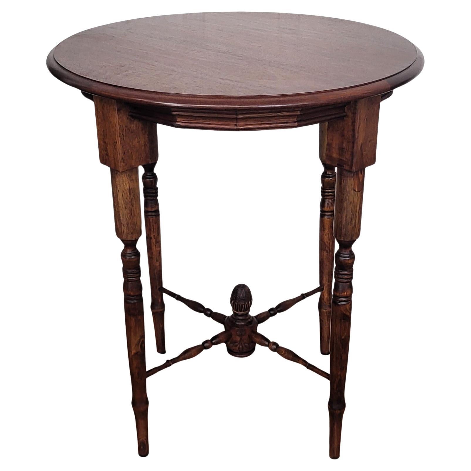 Antique Italian Round Walnut Side Table with Carved Bun Stretcher For Sale