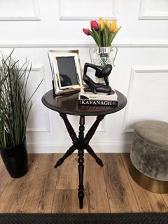 Antique Italian Round Walnut Tripod Side Table with Carved Bun Stretcher