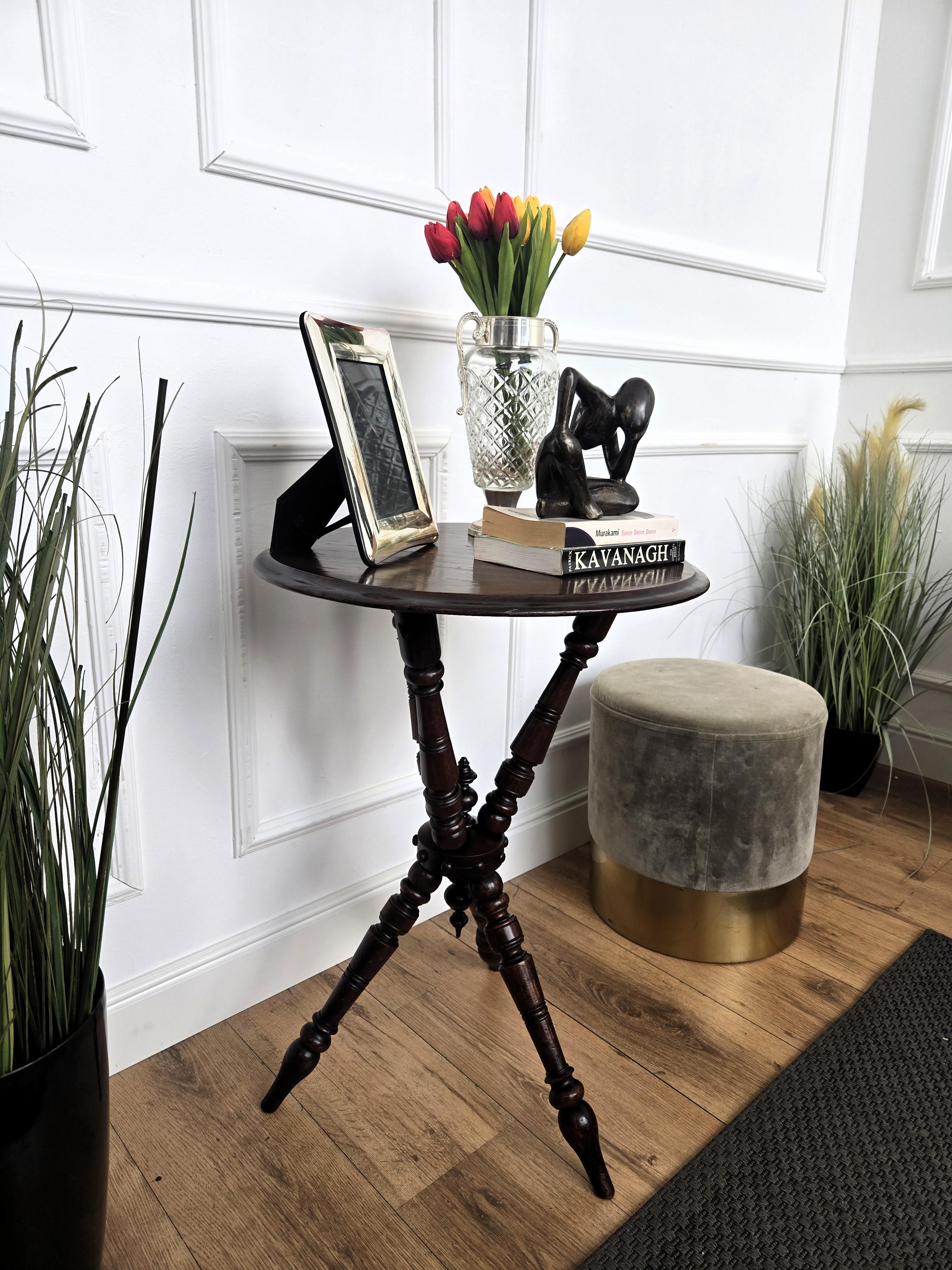 Art Deco Antique Italian Round Walnut Tripod Side Table with Carved Bun Stretcher For Sale