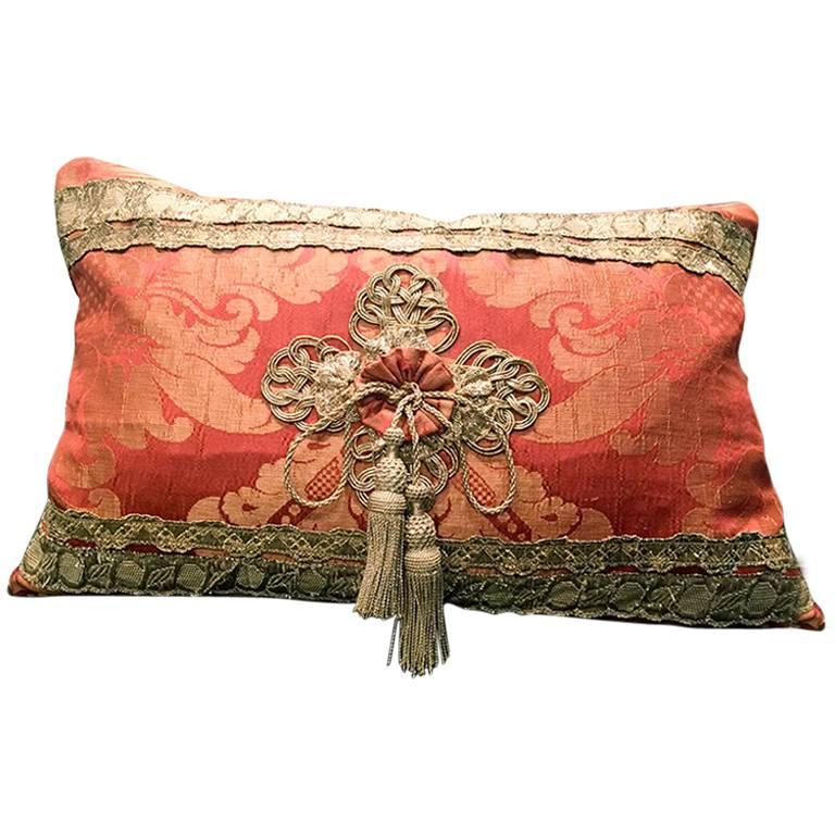 Antique Italian Salmon Silk Damask Pillow, circa 1700 by Eleganza Italiana 