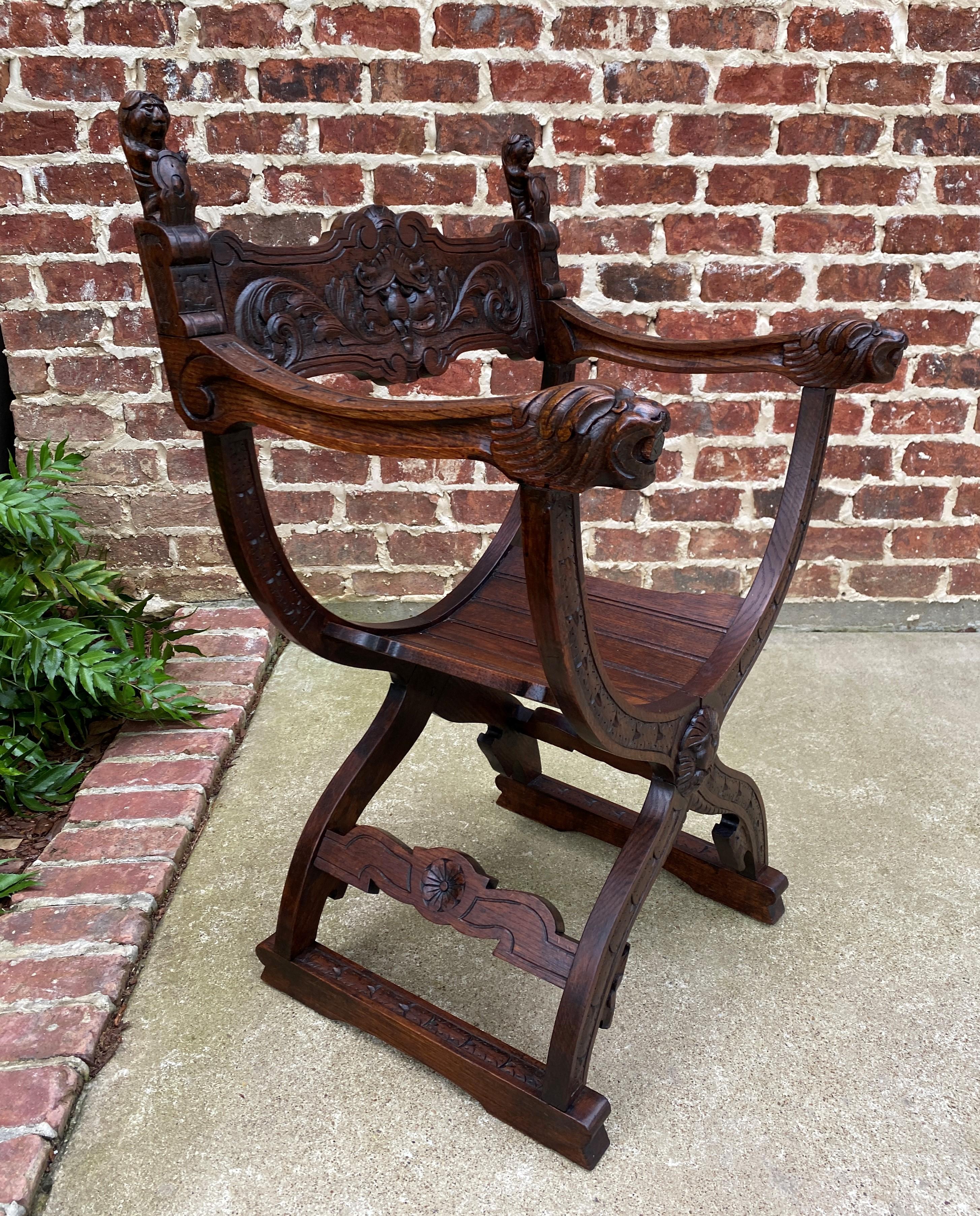 Antique Italian Savonarola Dante Chair Carved Oak Renaissance Lion Shield  For Sale 2