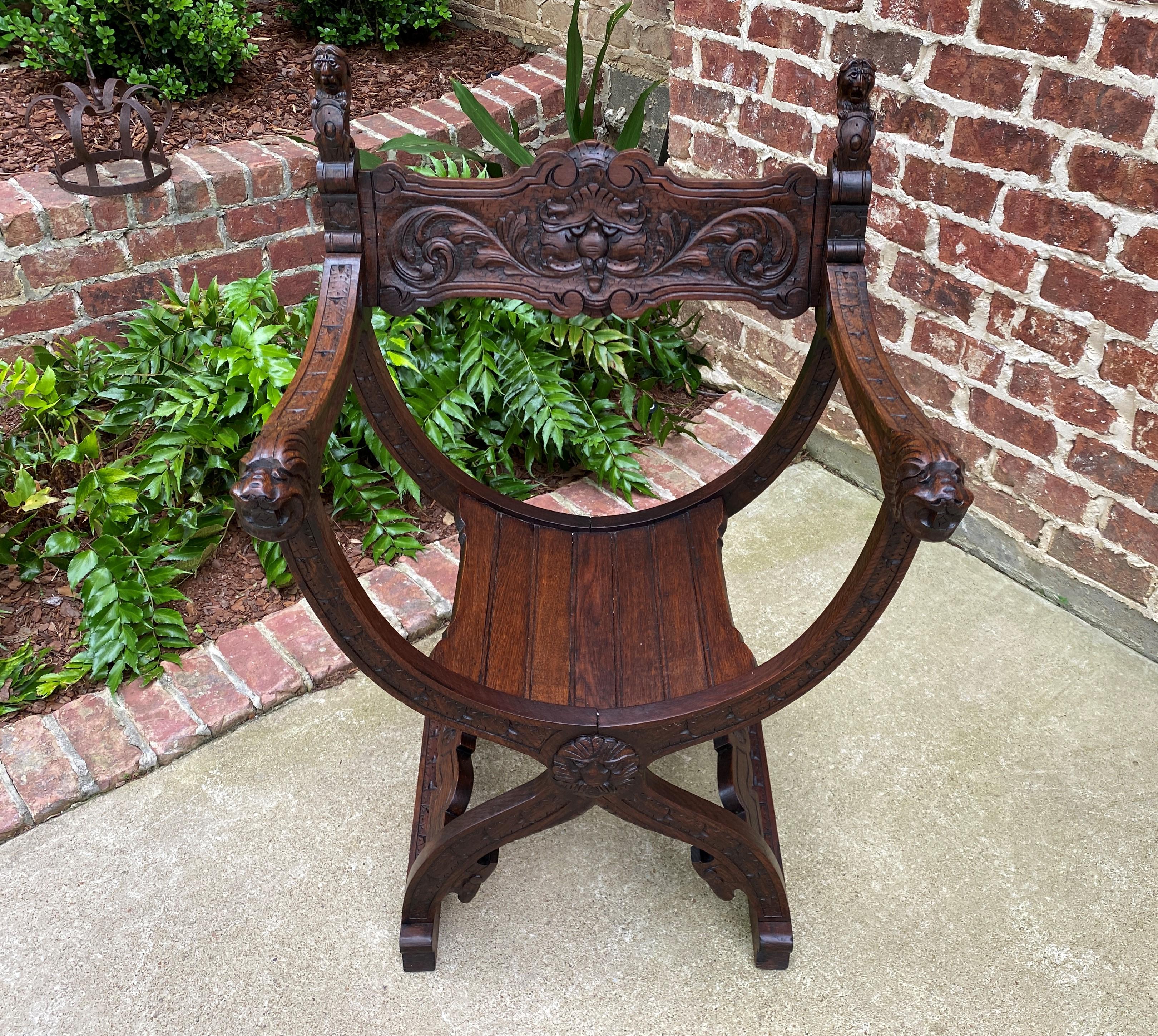 Antique Italian Savonarola Dante Chair Carved Oak Renaissance Lion Shield  For Sale 3