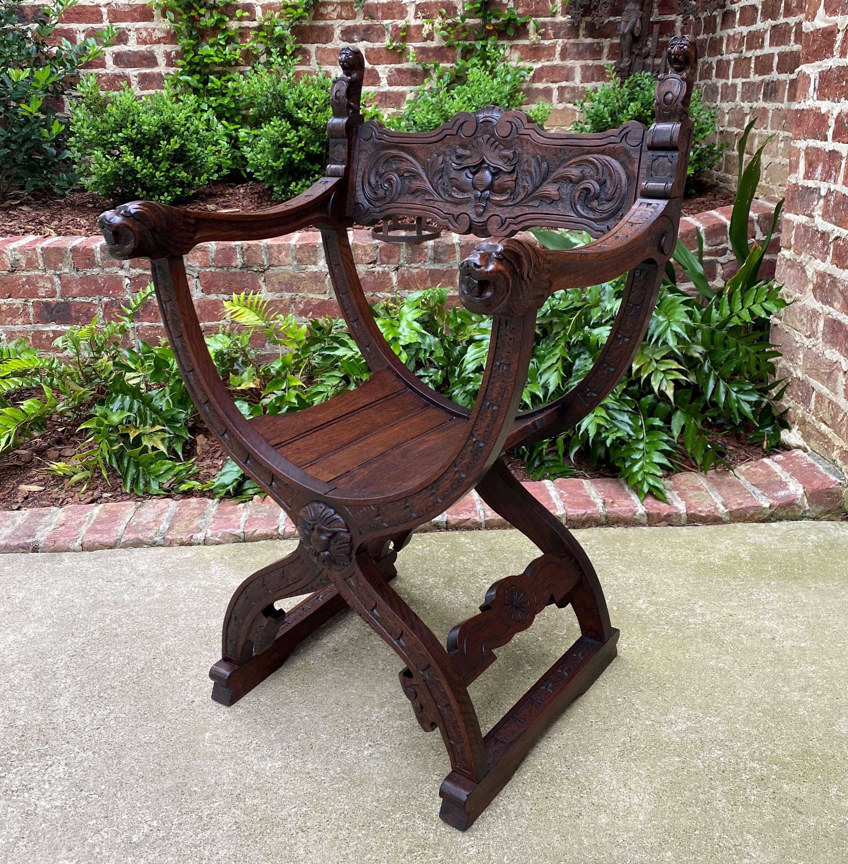 Antique Italian Savonarola Dante Chair Carved Oak Renaissance Lion Shield  For Sale 4