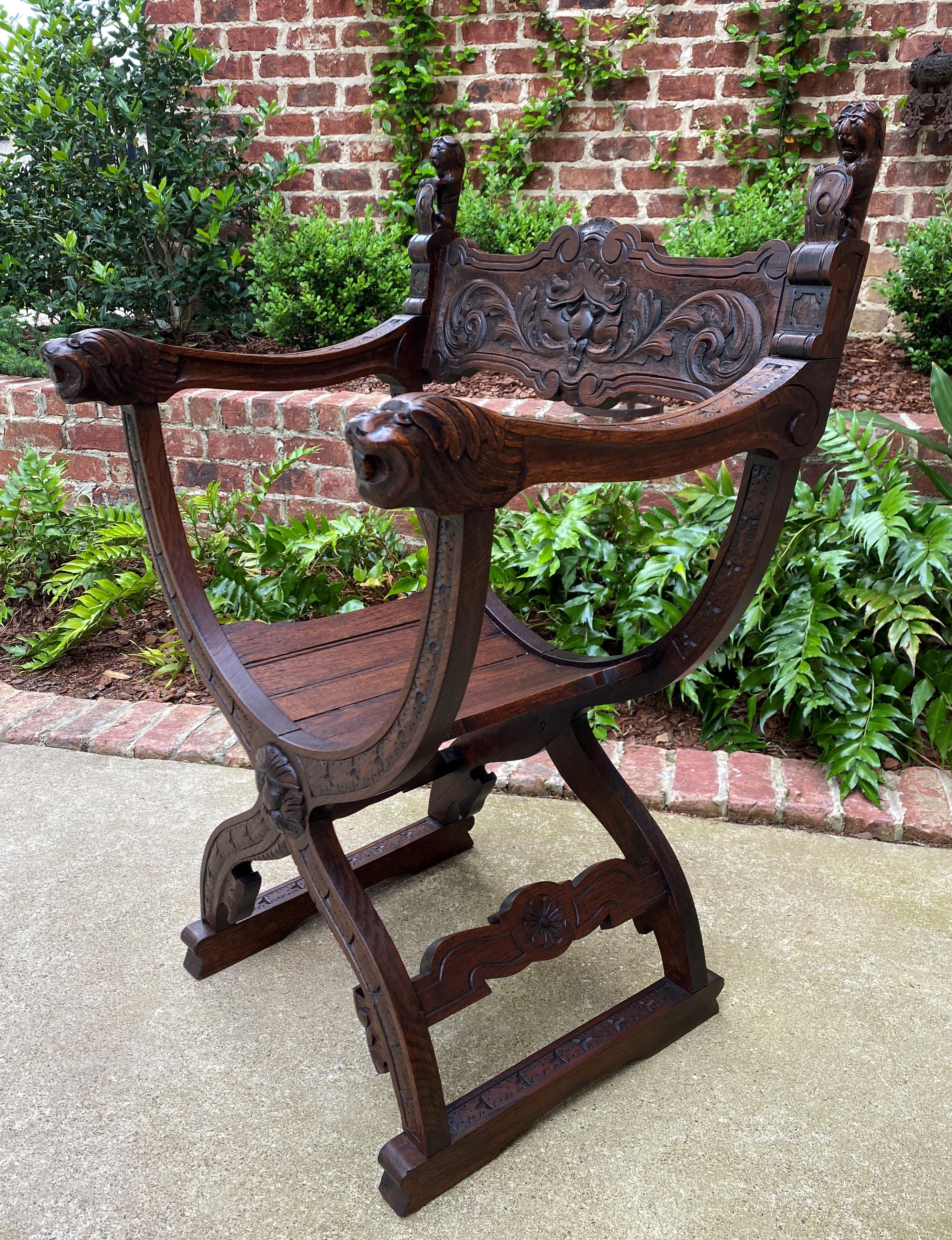 Antique Italian Savonarola Dante Chair Carved Oak Renaissance Lion Shield  For Sale 5