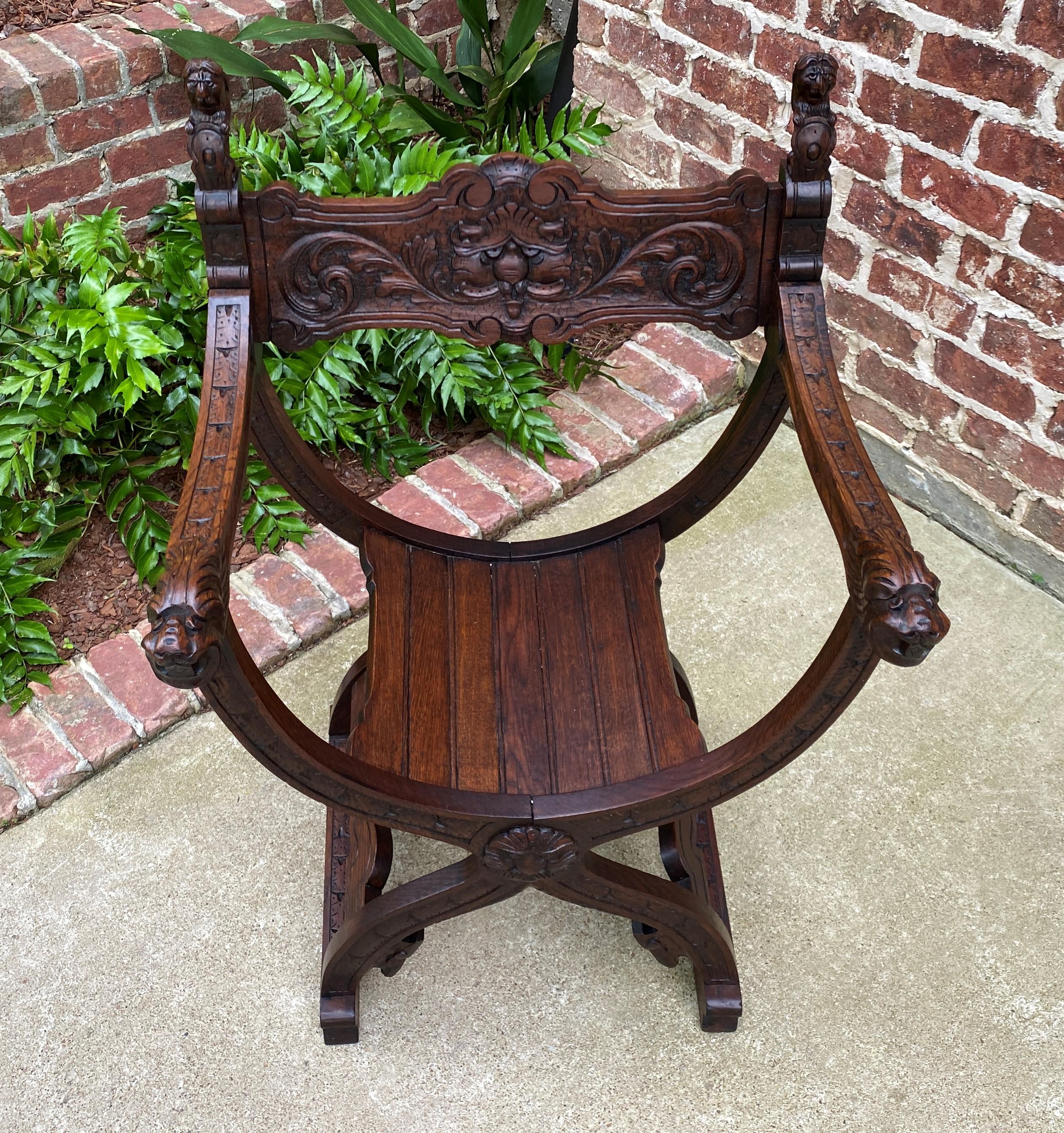 Antique Italian Savonarola Dante Chair Carved Oak Renaissance Lion Shield  For Sale 6