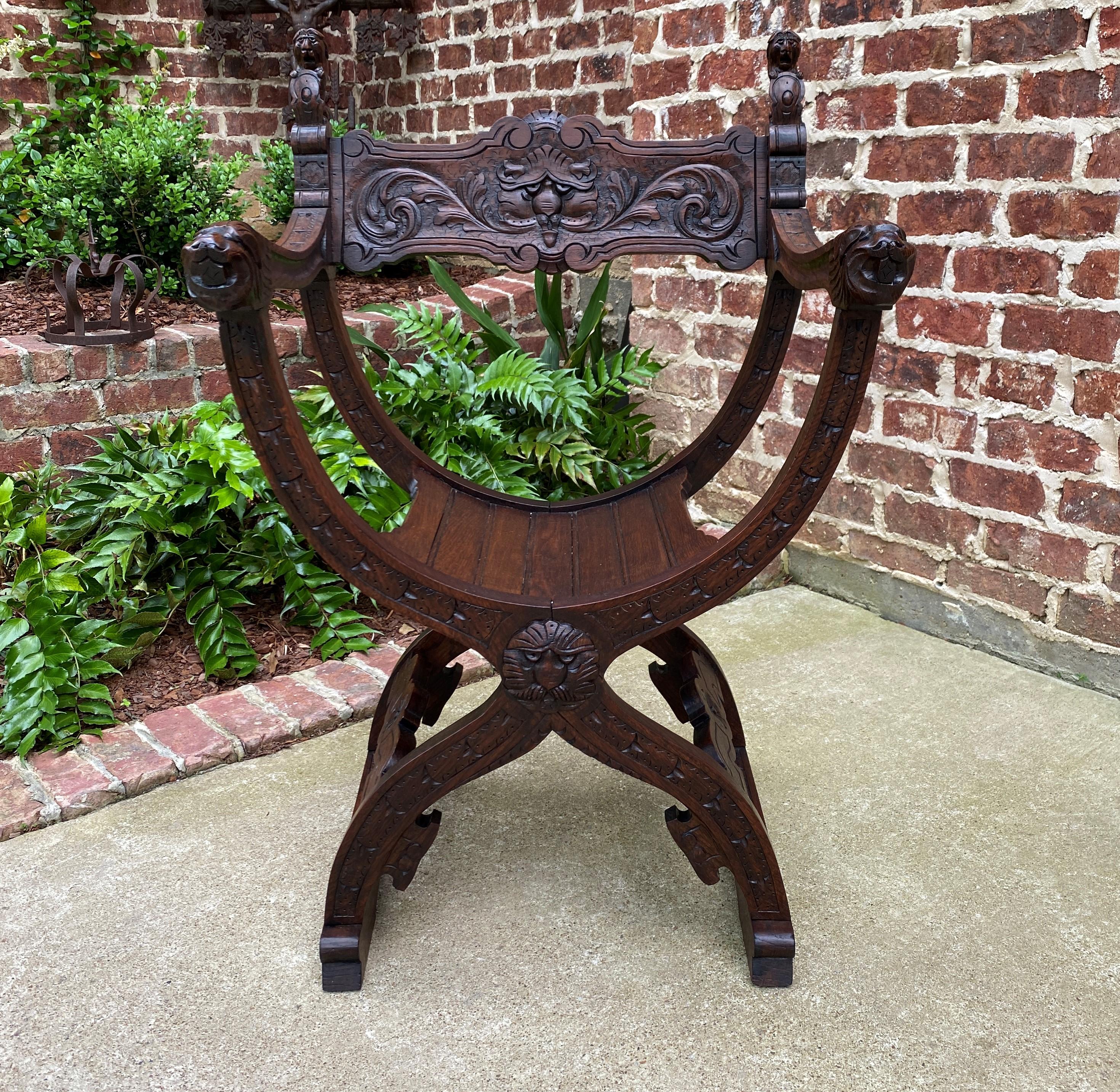 Antique Italian Savonarola Dante Chair Carved Oak Renaissance Lion Shield  For Sale 7