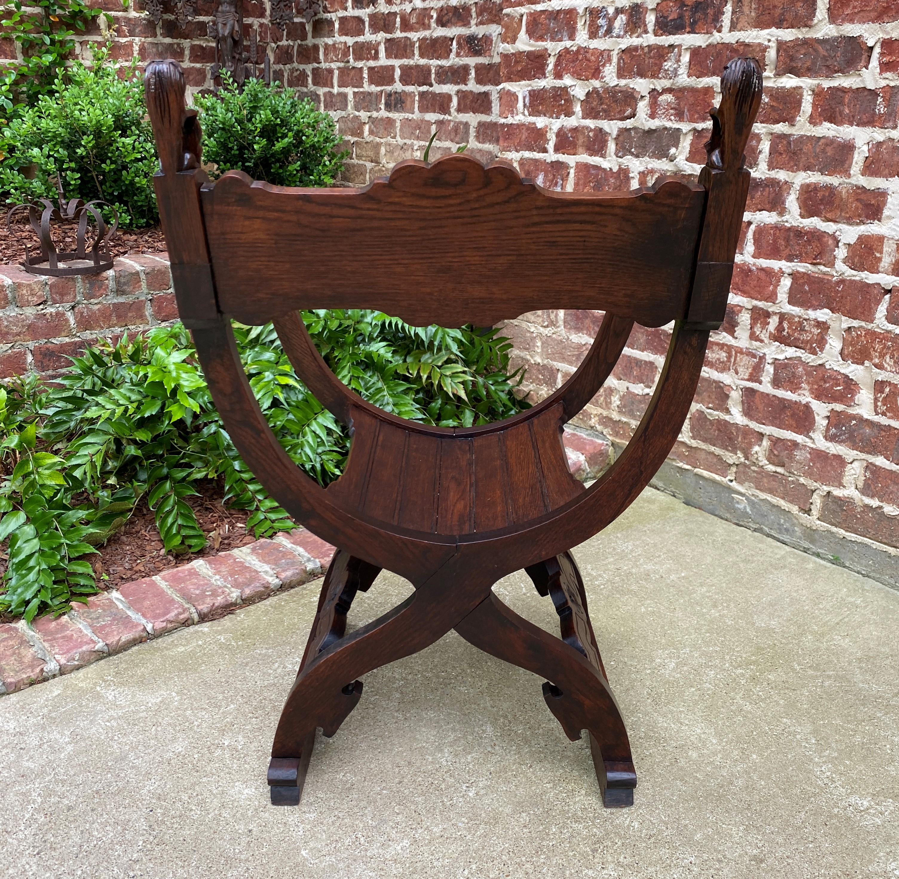 Antique Italian Savonarola Dante Chair Carved Oak Renaissance Lion Shield  For Sale 8