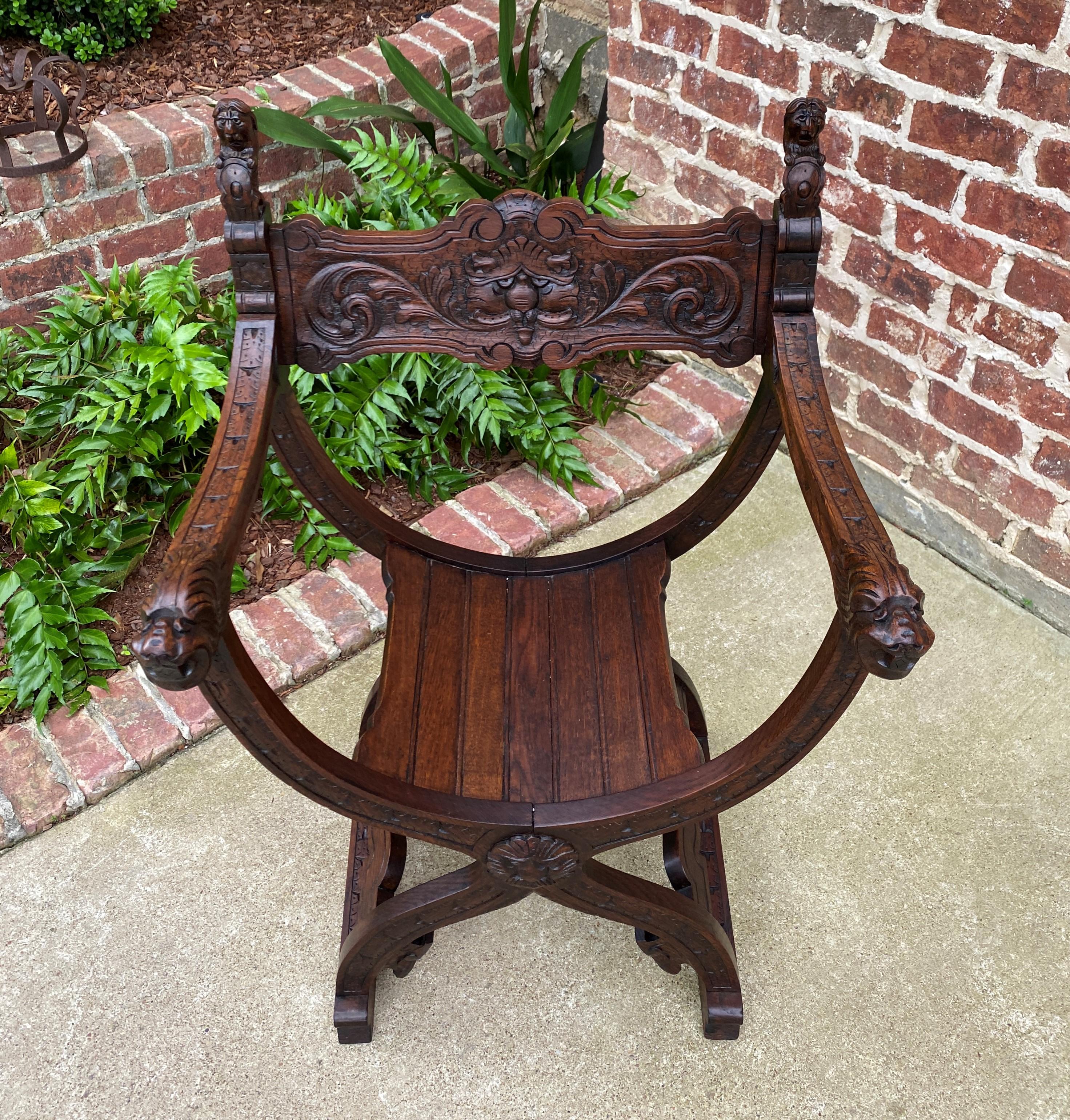 Renaissance Revival Antique Italian Savonarola Dante Chair Carved Oak Renaissance Lion Shield  For Sale