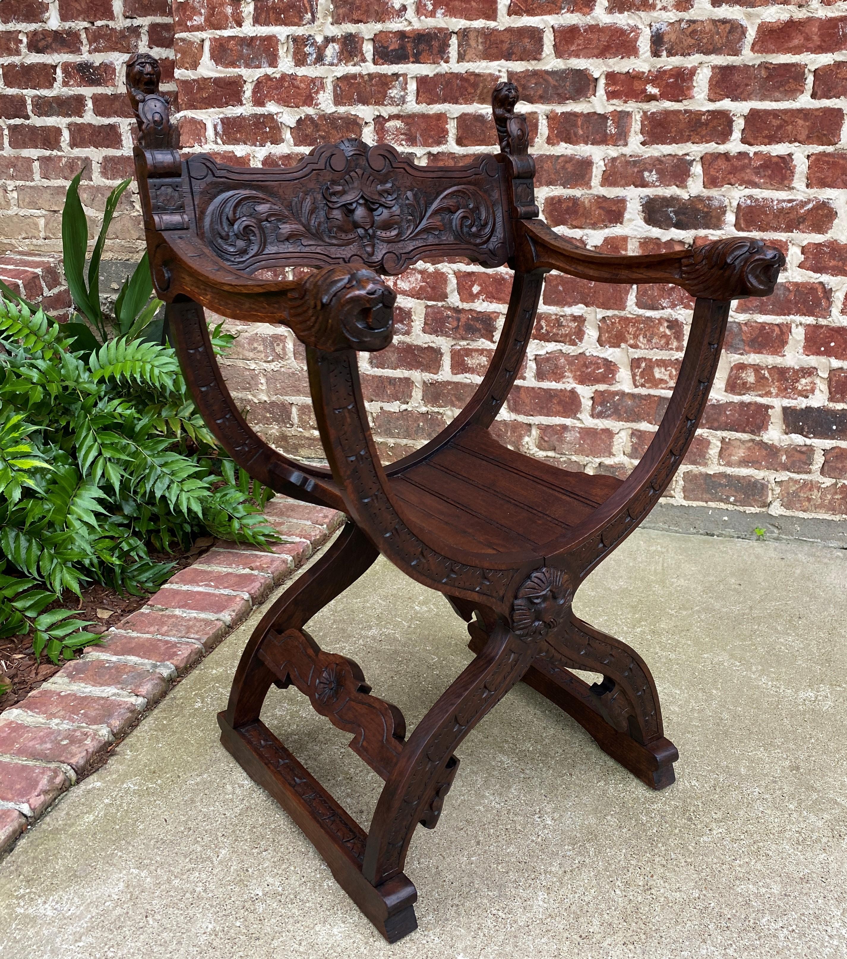 Antique Italian Savonarola Dante Chair Carved Oak Renaissance Lion Shield  In Good Condition For Sale In Tyler, TX